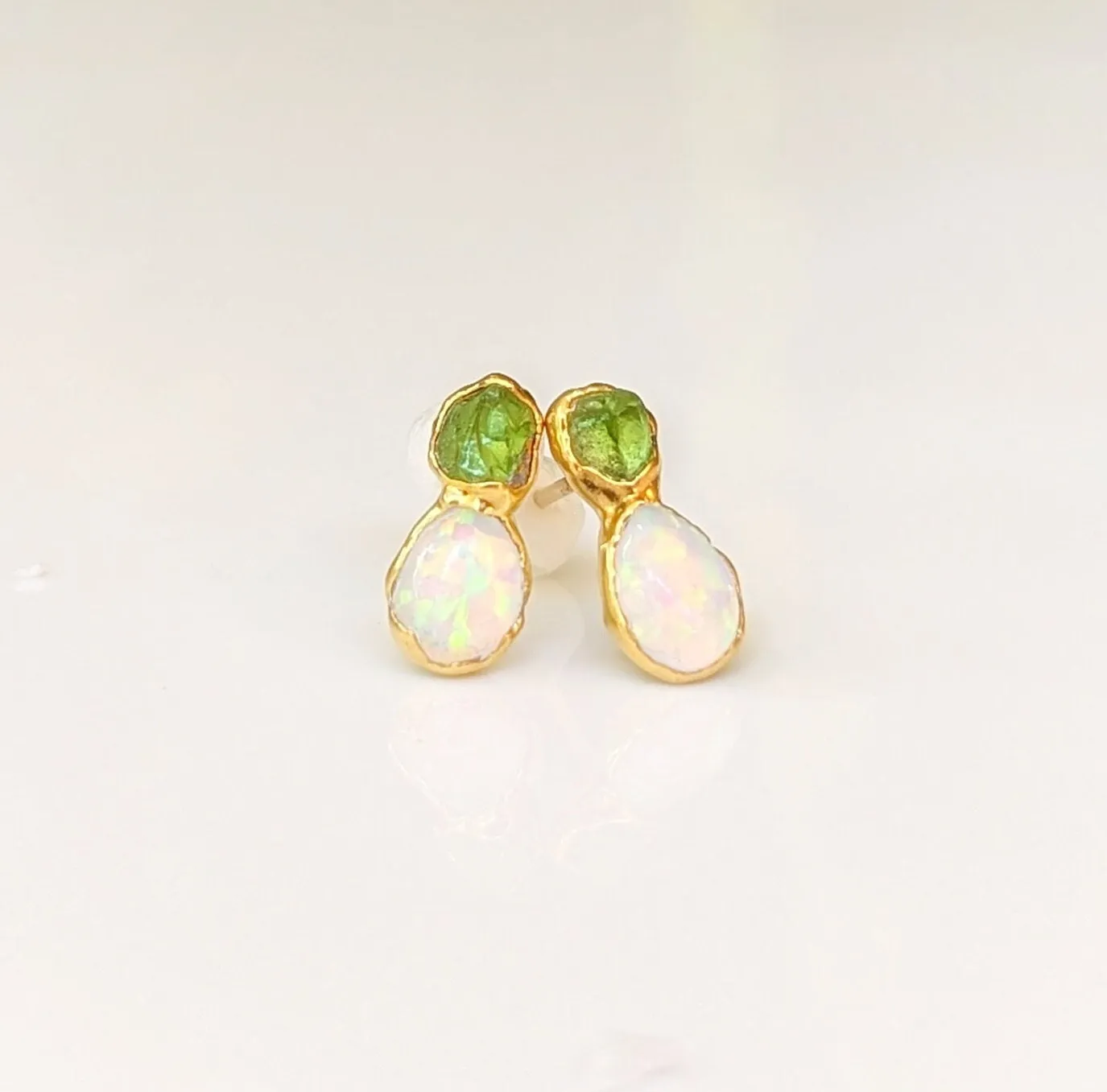 Raw Peridot and Opal stud earrings