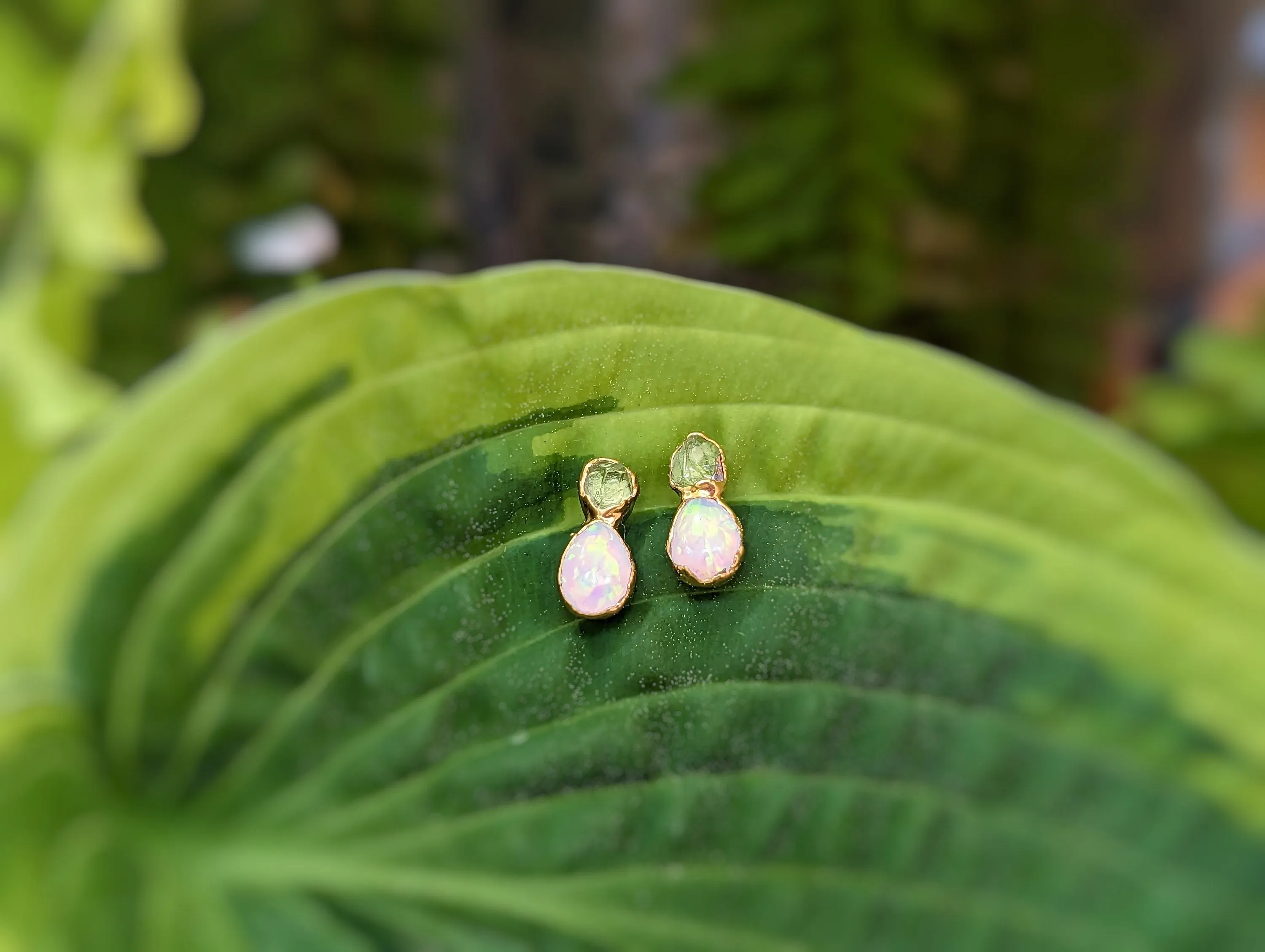 Raw Peridot and Opal stud earrings