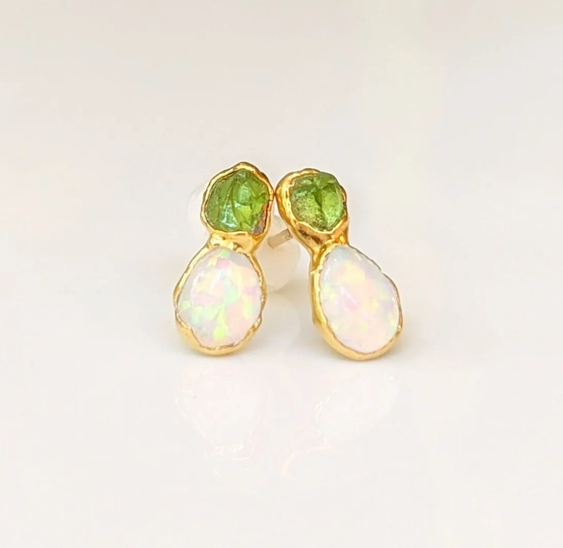 Raw Peridot and Opal stud earrings
