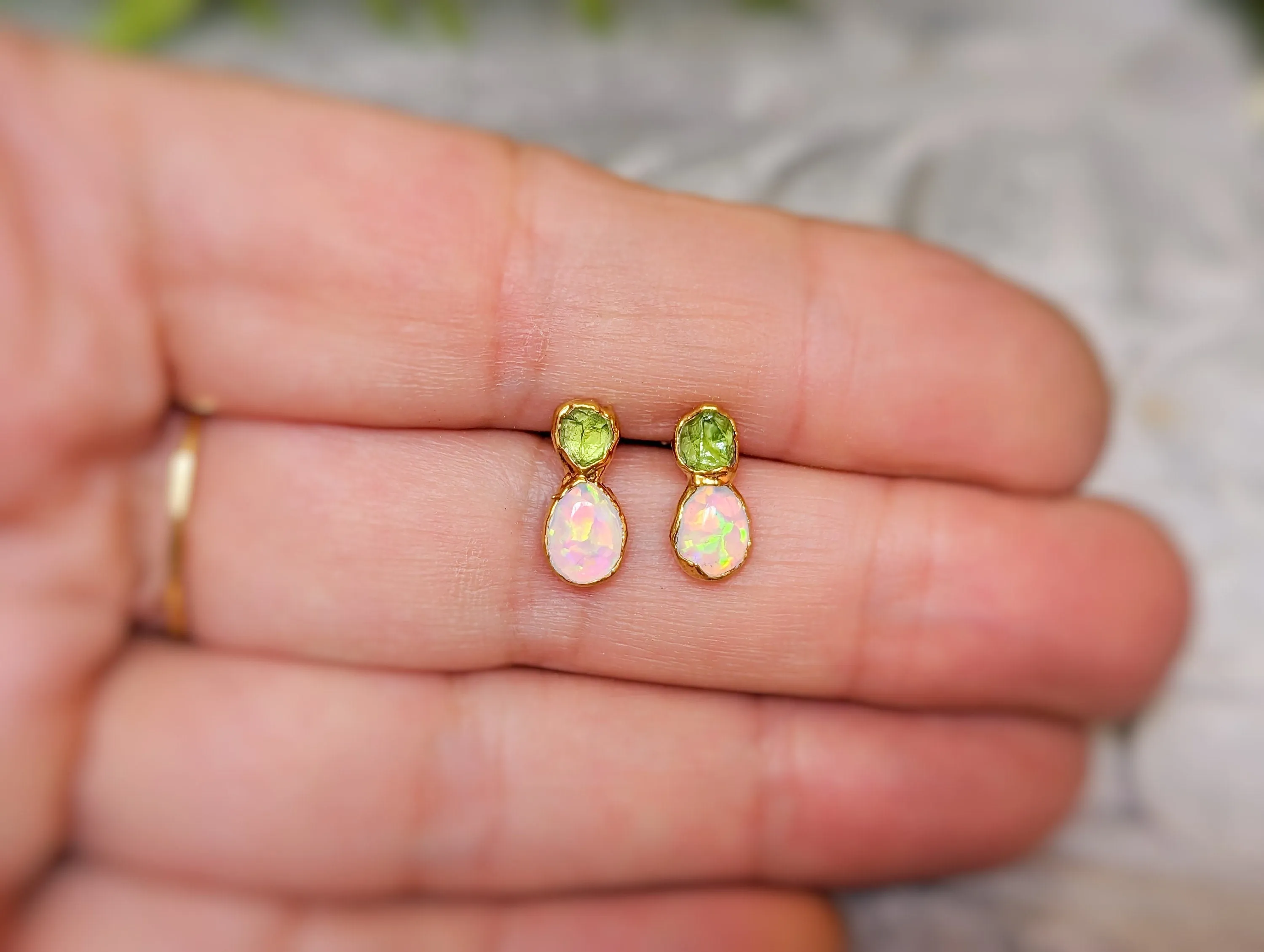 Raw Peridot and Opal stud earrings