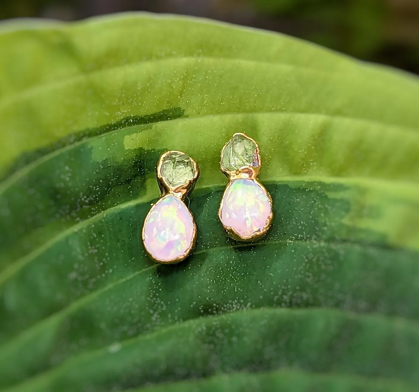 Raw Peridot and Opal stud earrings