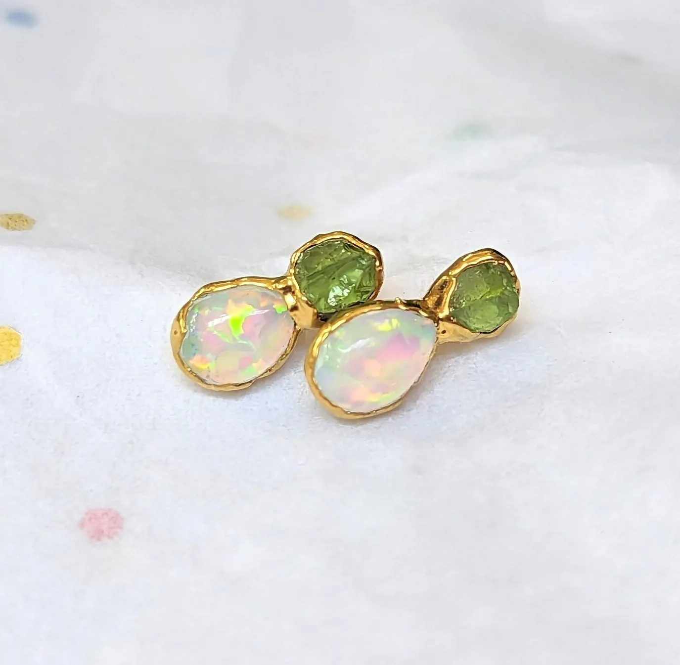 Raw Peridot and Opal stud earrings