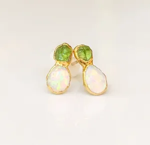 Raw Peridot and Opal stud earrings