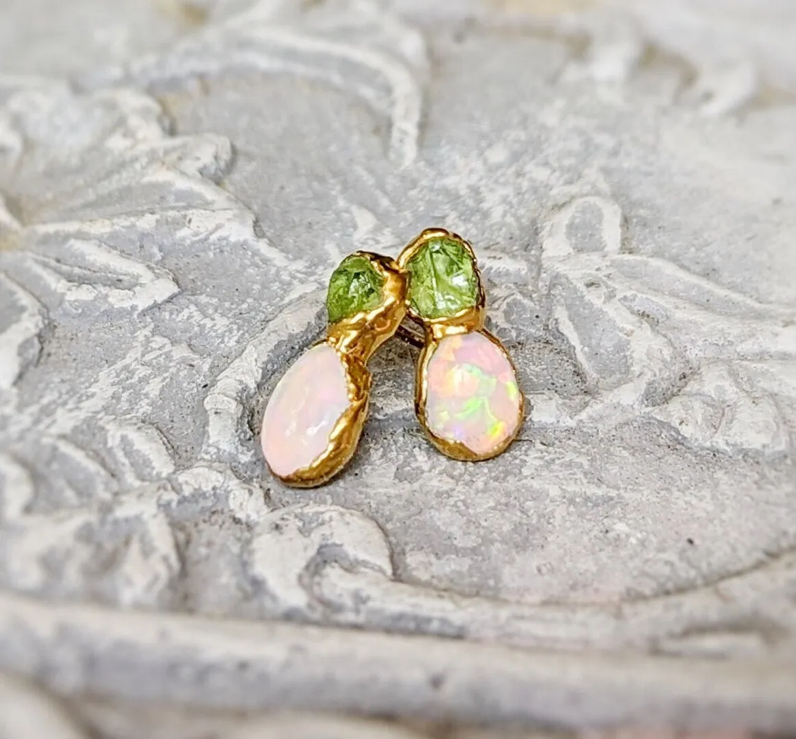 Raw Peridot and Opal stud earrings