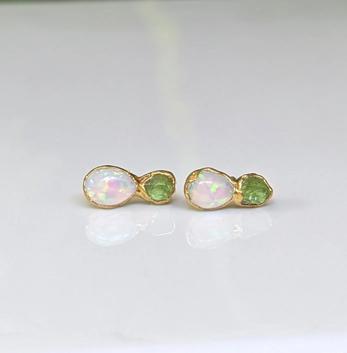 Raw Peridot and Opal stud earrings