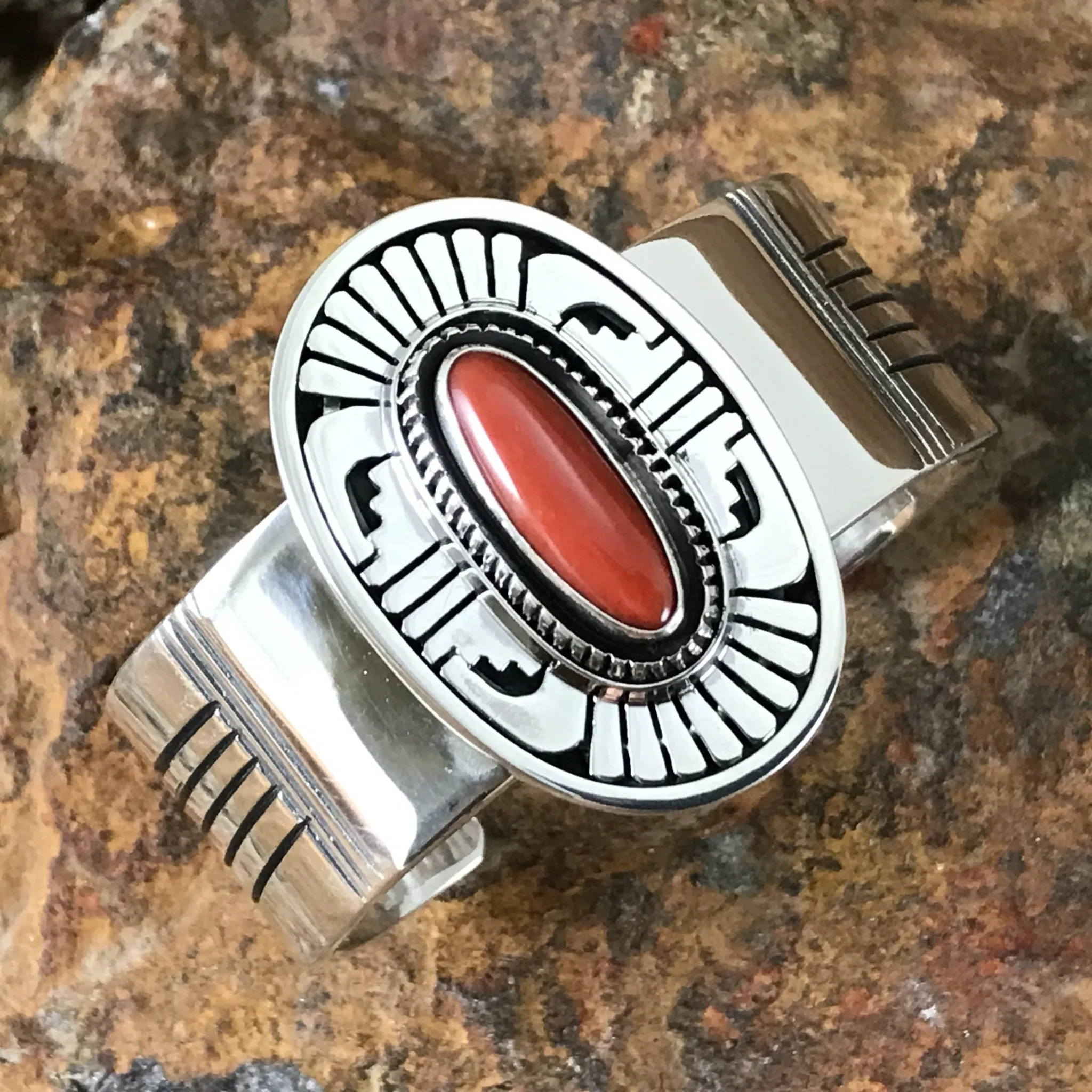 Red Coral Sterling Silver Bracelet by Leonard Nez