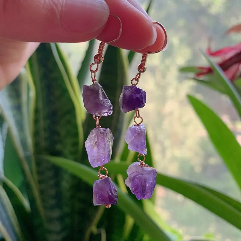 Reiki Healing Small Raw Rock Mineral Stone Long Tassel Quartz Earrings Natural Amethysts Crystal Quartz Dangle Earrings
