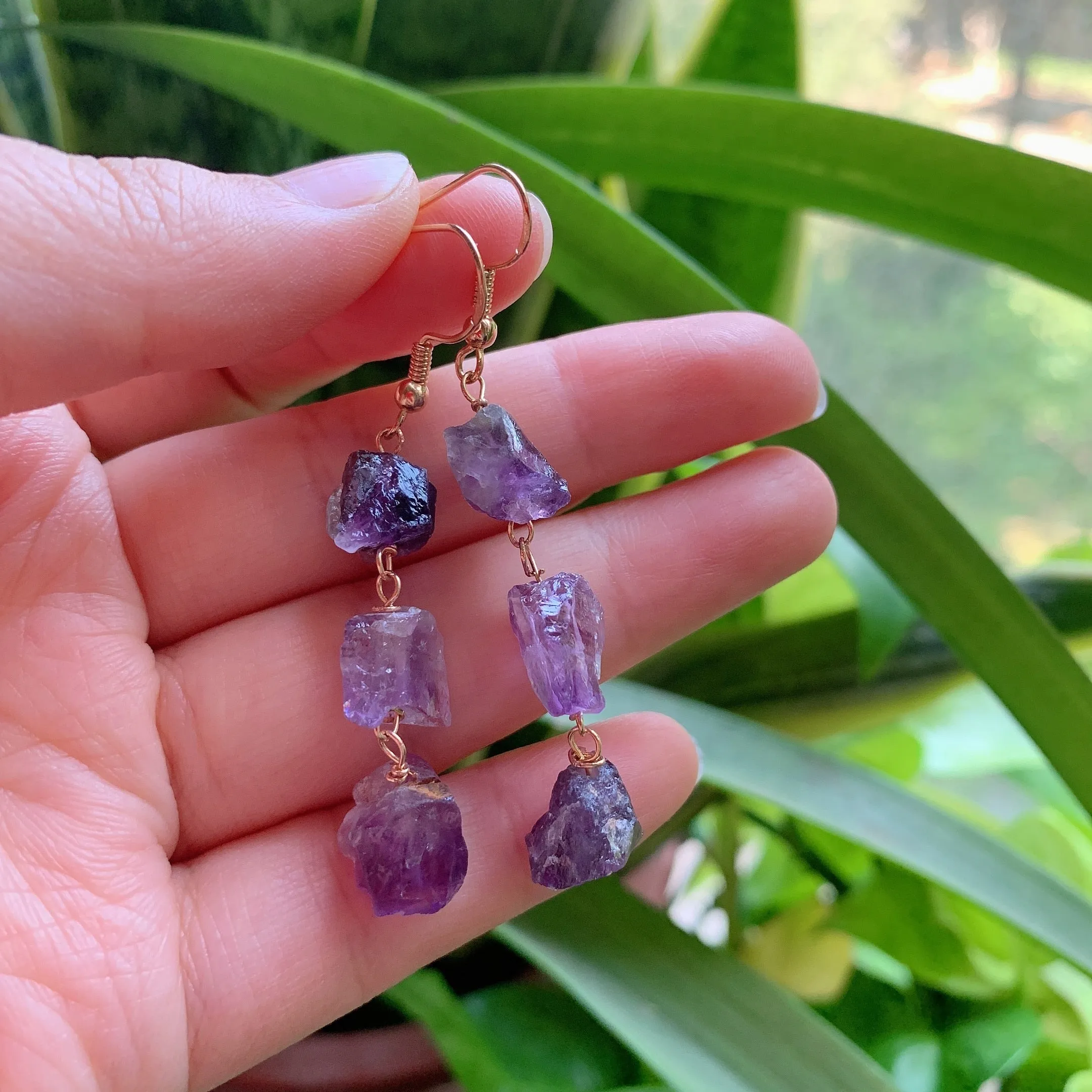 Reiki Healing Small Raw Rock Mineral Stone Long Tassel Quartz Earrings Natural Amethysts Crystal Quartz Dangle Earrings