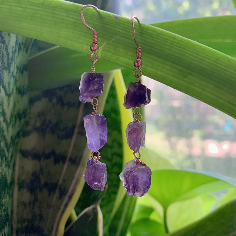 Reiki Healing Small Raw Rock Mineral Stone Long Tassel Quartz Earrings Natural Amethysts Crystal Quartz Dangle Earrings