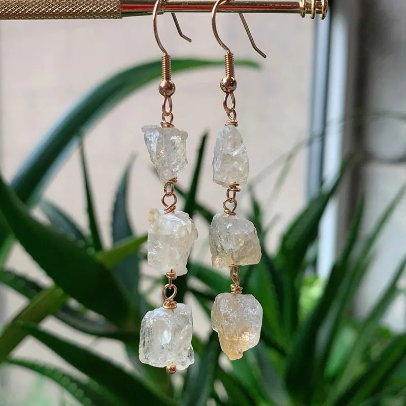 Reiki Healing Small Raw Rock Mineral Stone Long Tassel Quartz Earrings Natural Amethysts Crystal Quartz Dangle Earrings