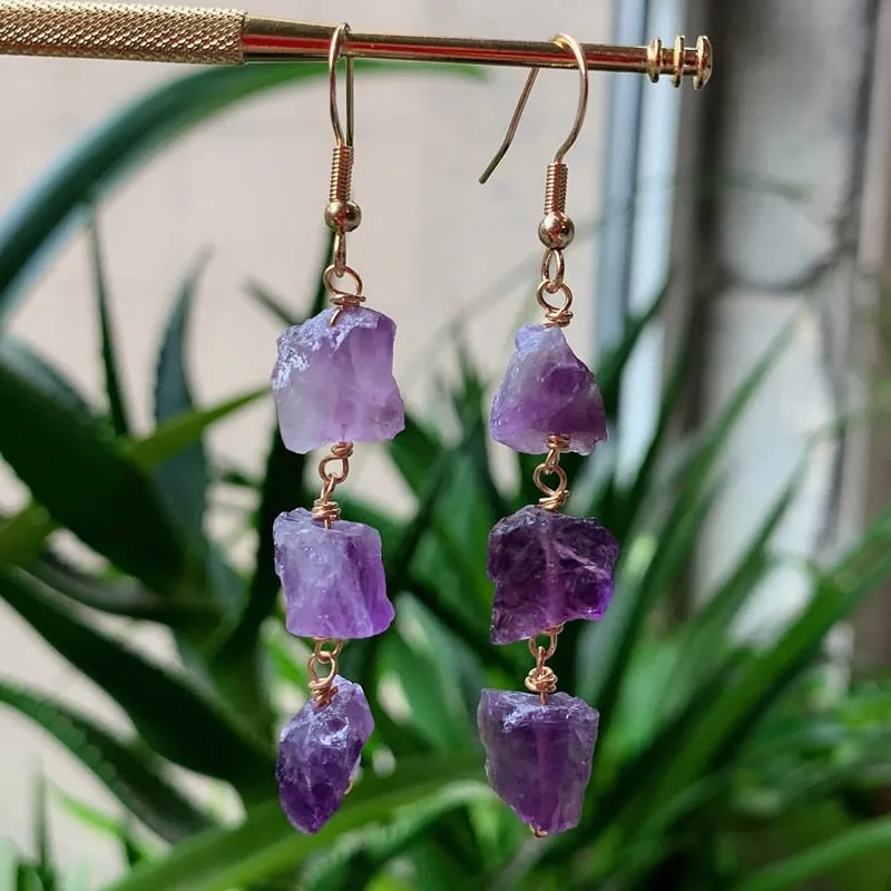 Reiki Healing Small Raw Rock Mineral Stone Long Tassel Quartz Earrings Natural Amethysts Crystal Quartz Dangle Earrings