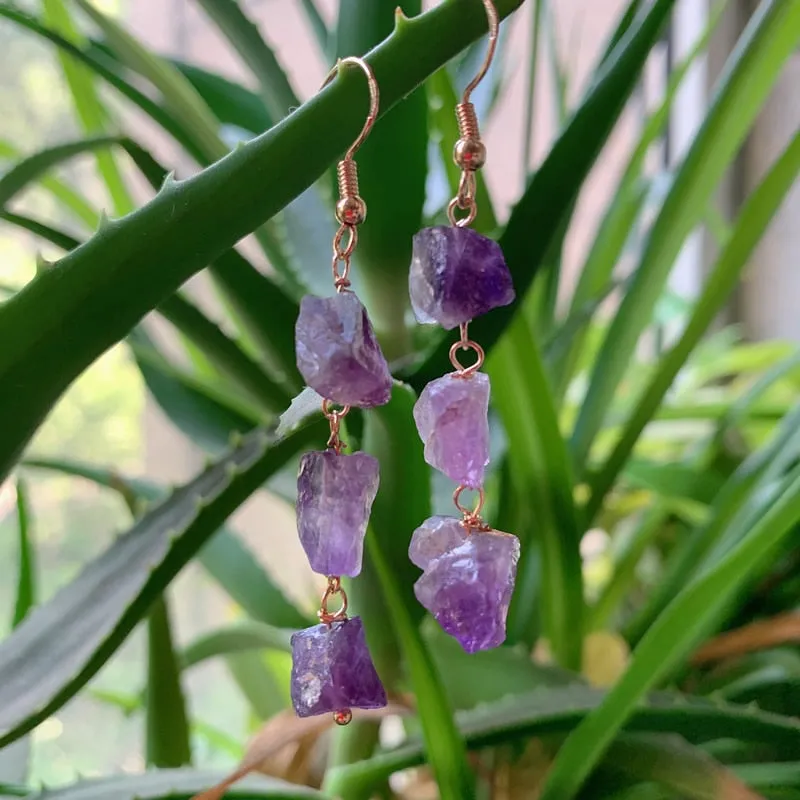 Reiki Healing Small Raw Rock Mineral Stone Long Tassel Quartz Earrings Natural Amethysts Crystal Quartz Dangle Earrings