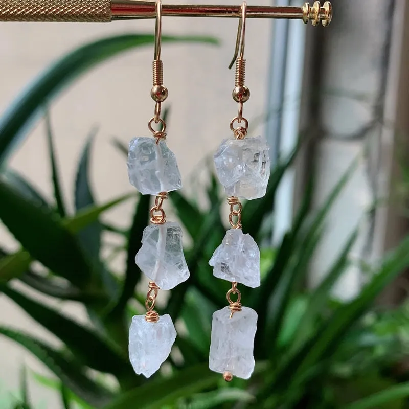 Reiki Healing Small Raw Rock Mineral Stone Long Tassel Quartz Earrings Natural Amethysts Crystal Quartz Dangle Earrings