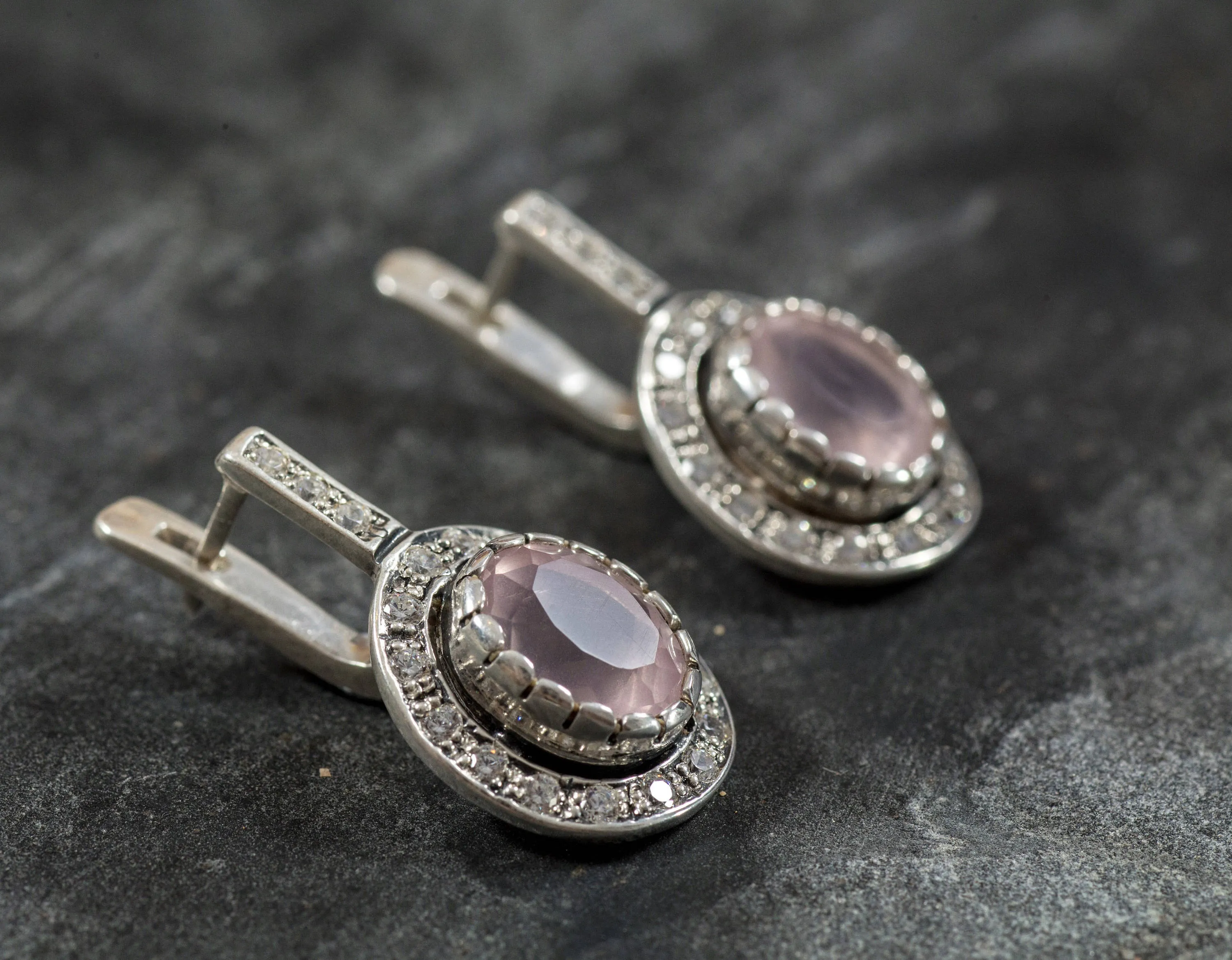 Rose Quartz Earrings - Victorian Rose Quartz Studs - Pink Vintage Earrings