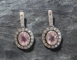 Rose Quartz Earrings - Victorian Rose Quartz Studs - Pink Vintage Earrings