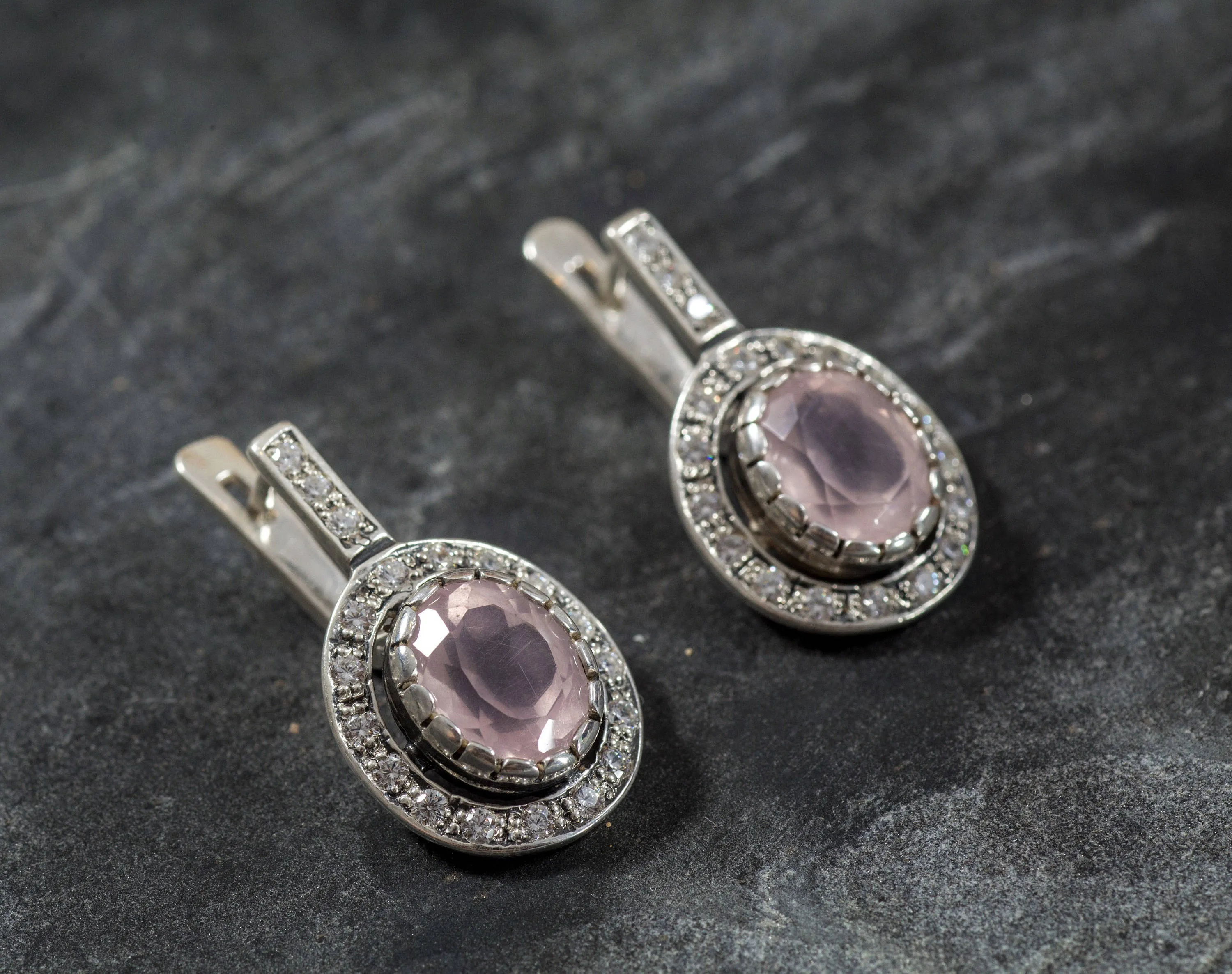Rose Quartz Earrings - Victorian Rose Quartz Studs - Pink Vintage Earrings