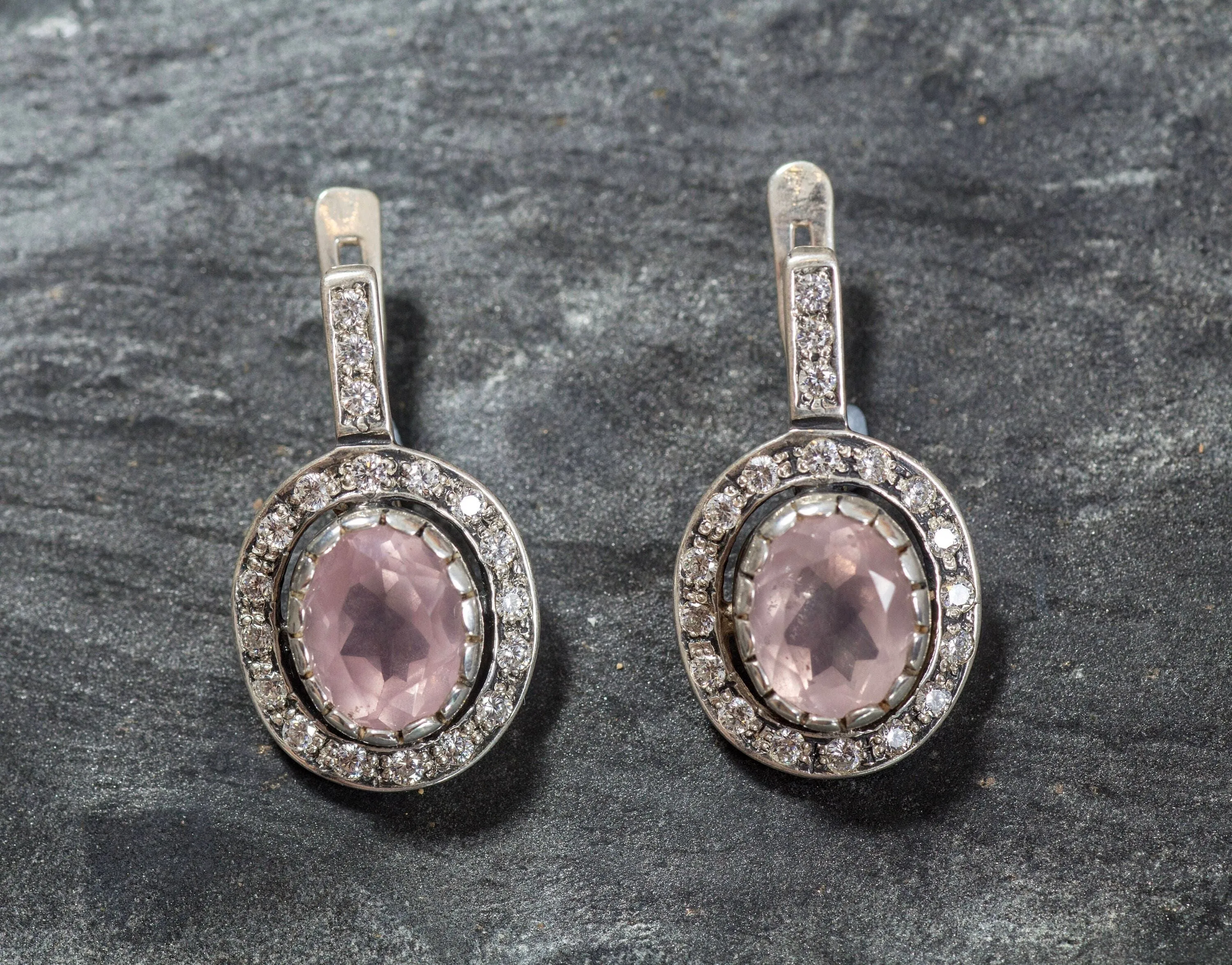Rose Quartz Earrings - Victorian Rose Quartz Studs - Pink Vintage Earrings
