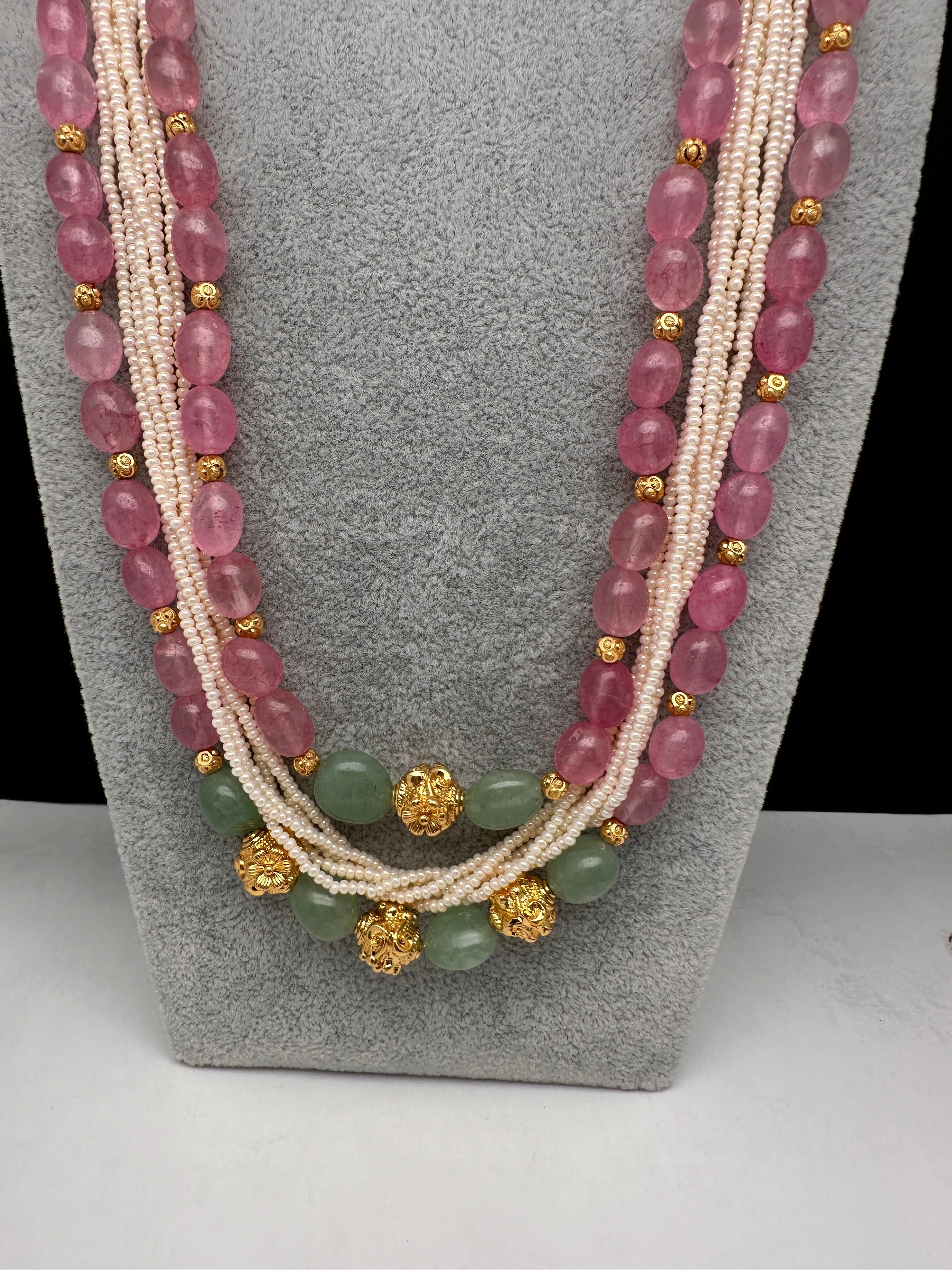 Rose Quartz Emerald Pearls Nakshi Multi Layer Necklace