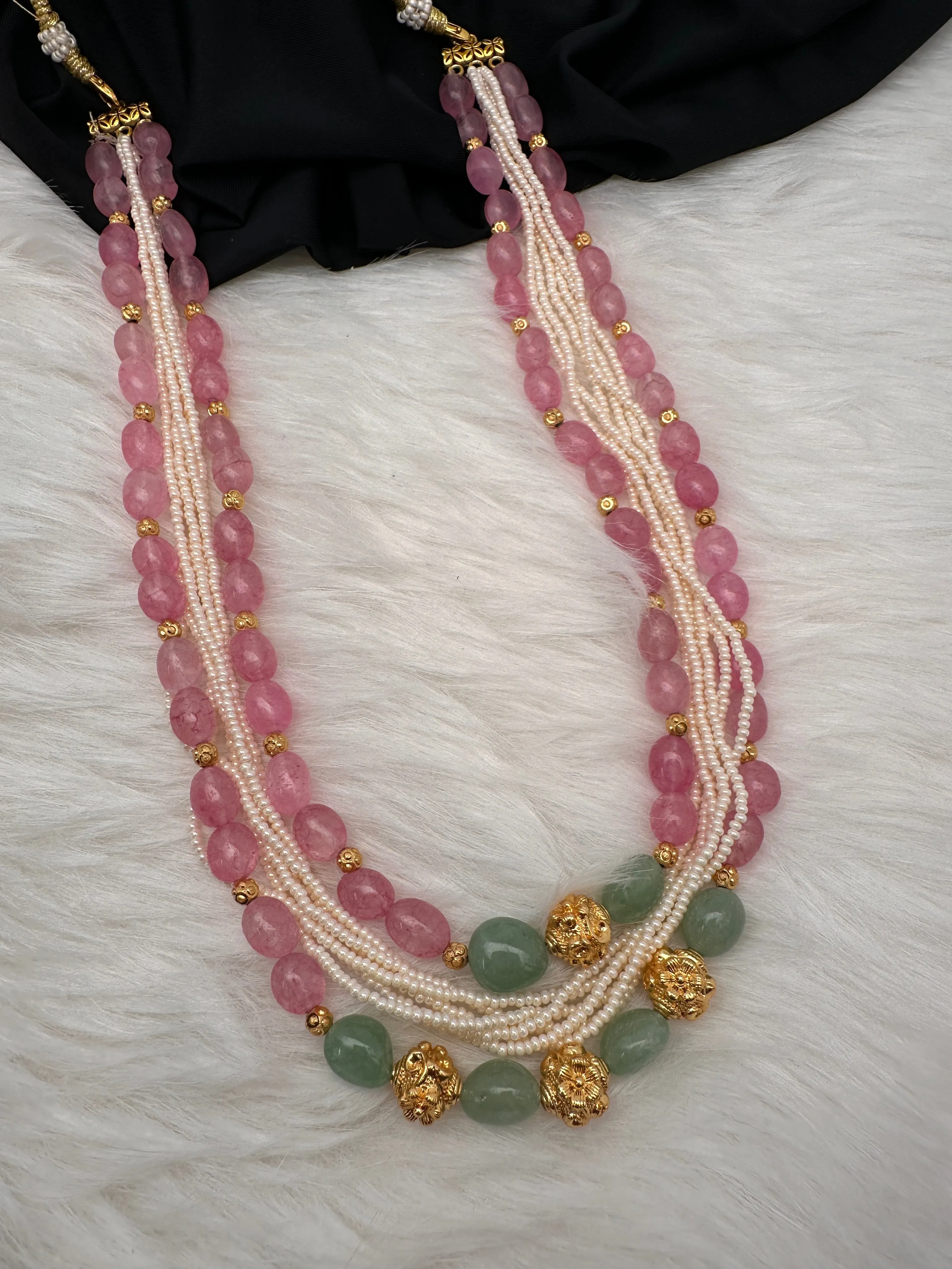 Rose Quartz Emerald Pearls Nakshi Multi Layer Necklace