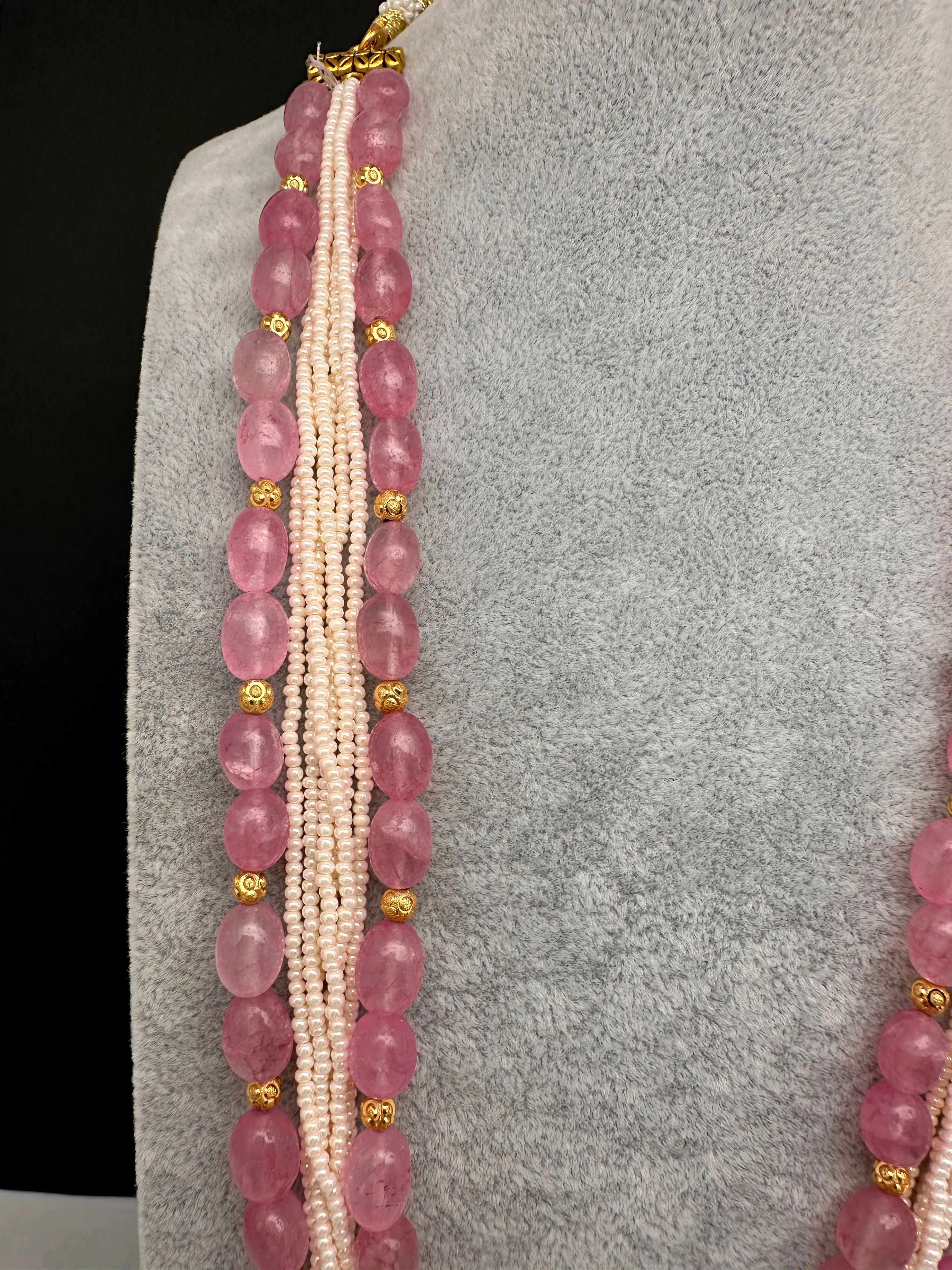 Rose Quartz Emerald Pearls Nakshi Multi Layer Necklace
