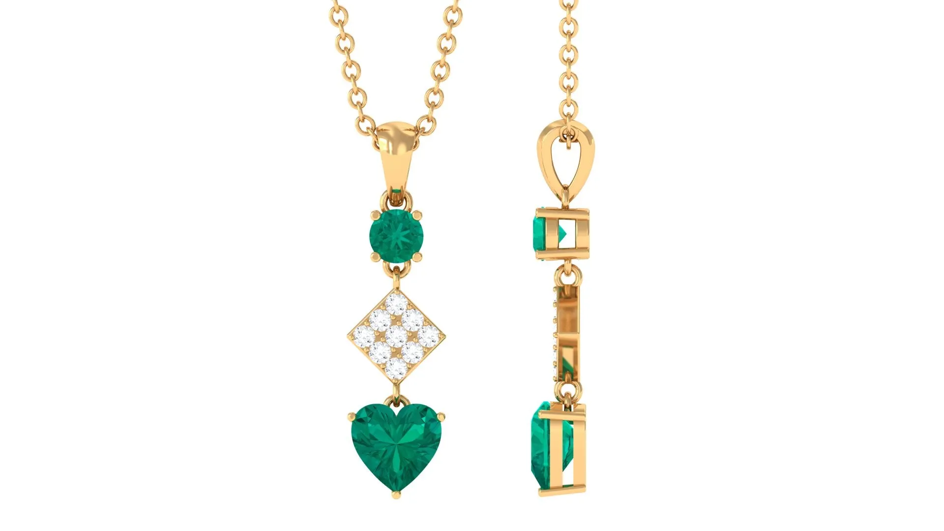 Round and Heart Shape Emerald Dangle Pendant with Diamond