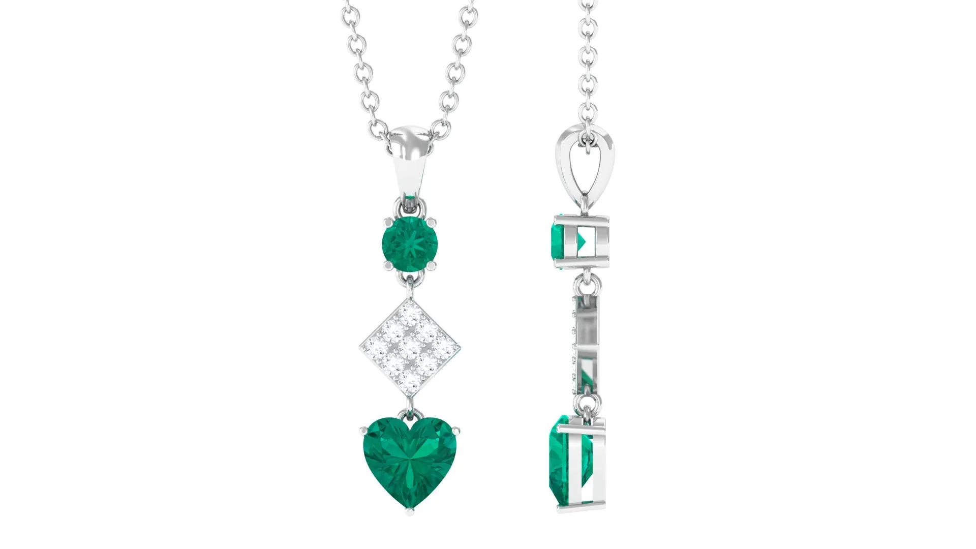 Round and Heart Shape Emerald Dangle Pendant with Diamond