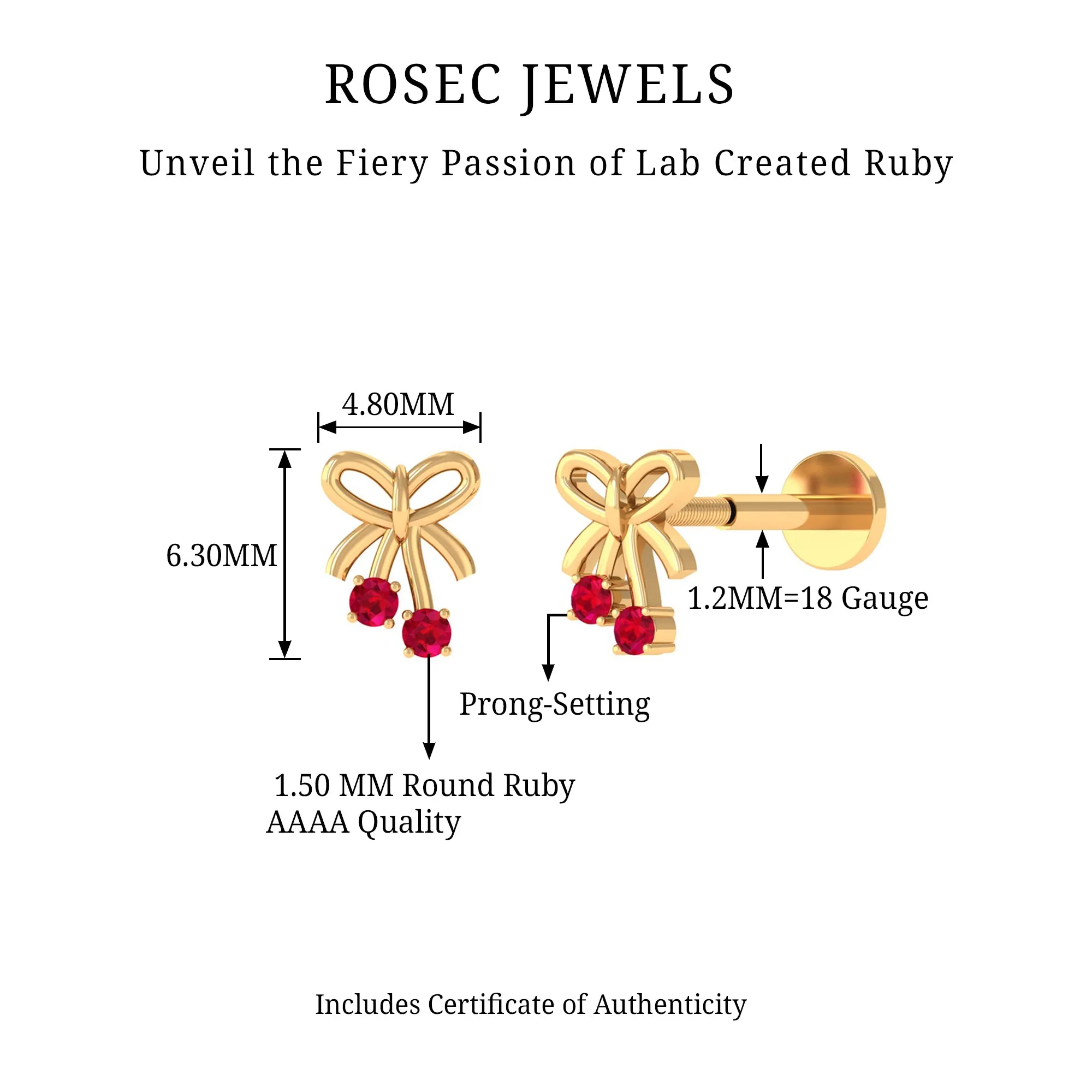 Round Created Ruby Gold Bow Cartilage Earring