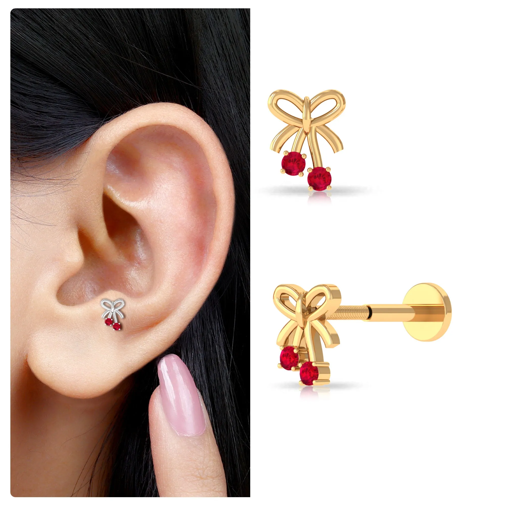 Round Created Ruby Gold Bow Cartilage Earring