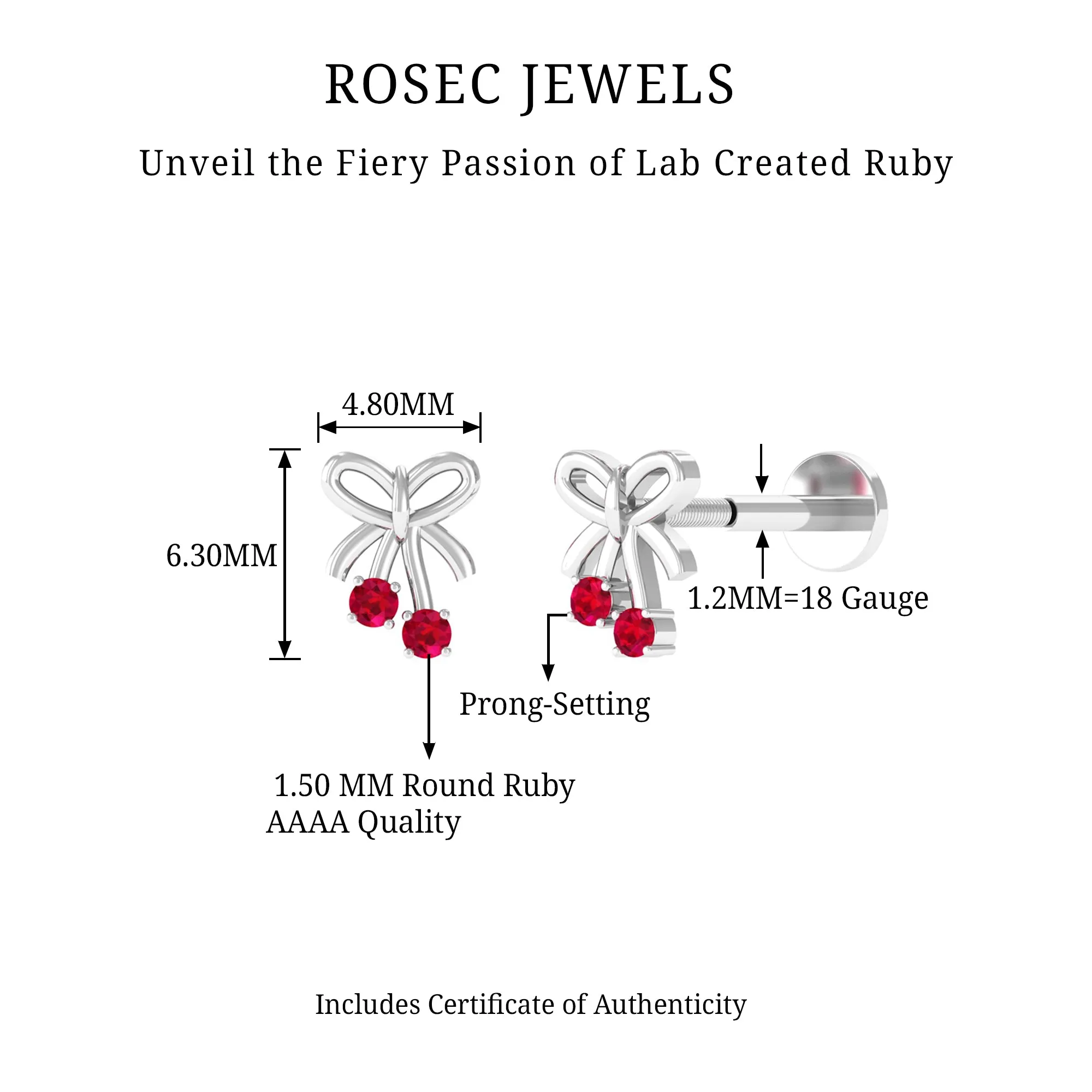 Round Created Ruby Gold Bow Cartilage Earring