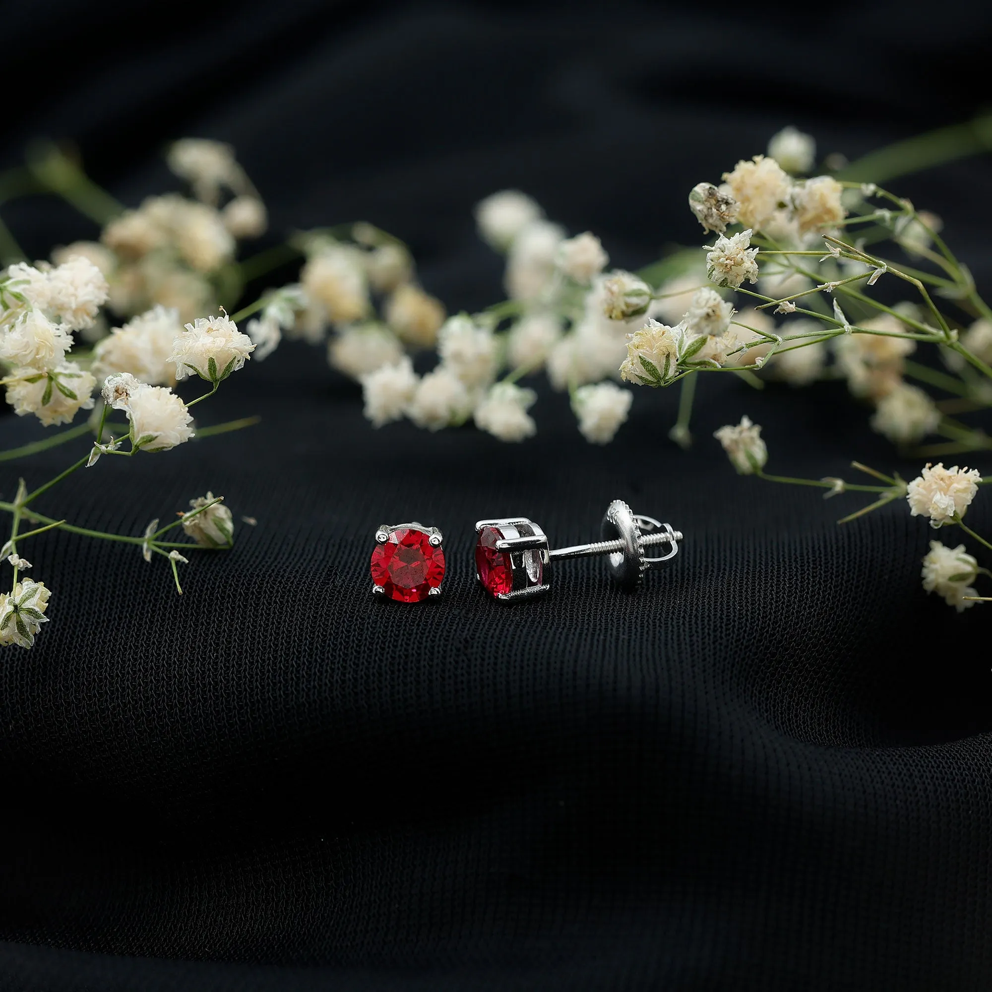 Round Shape Lab Grown Ruby Solitaire Stud Earrings