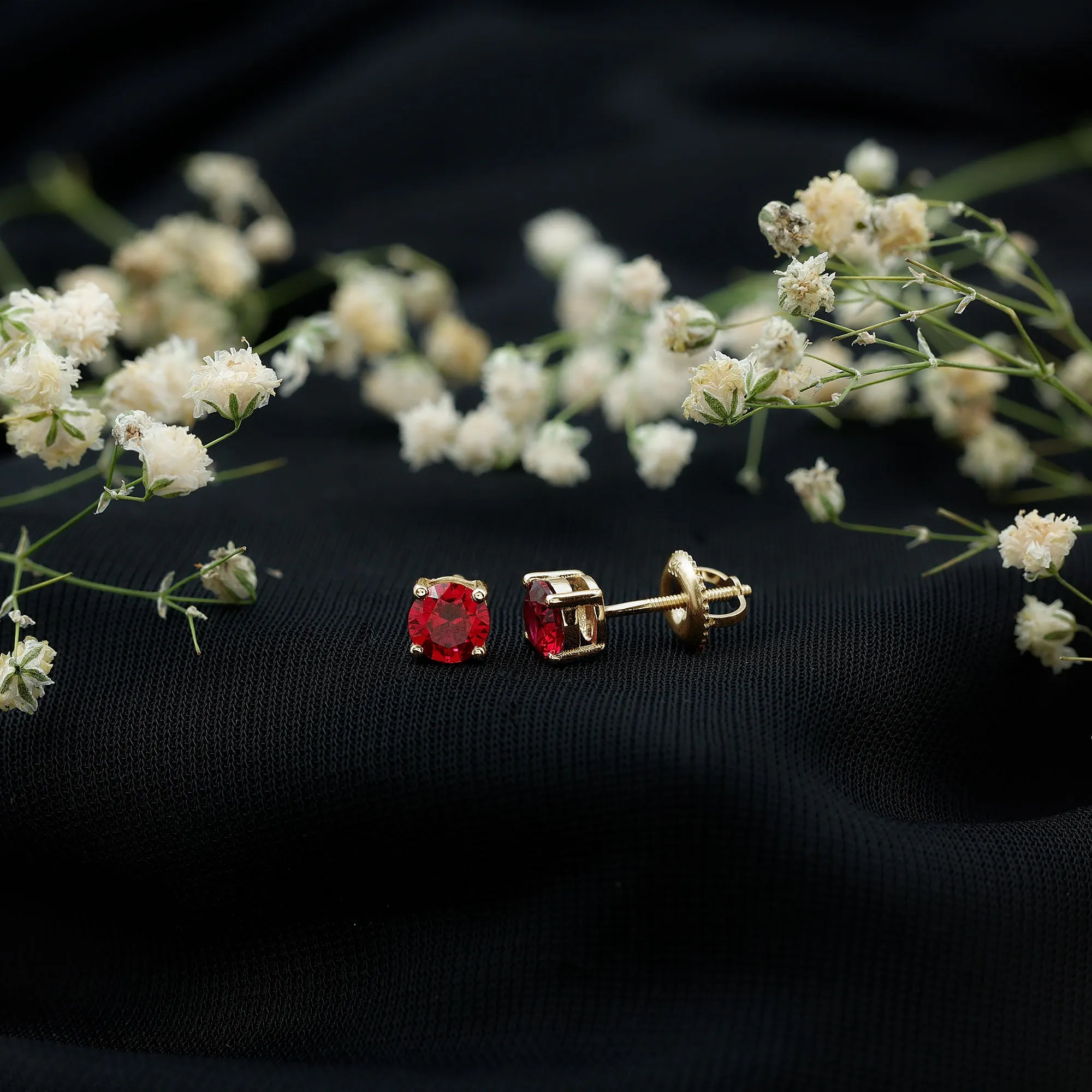Round Shape Lab Grown Ruby Solitaire Stud Earrings