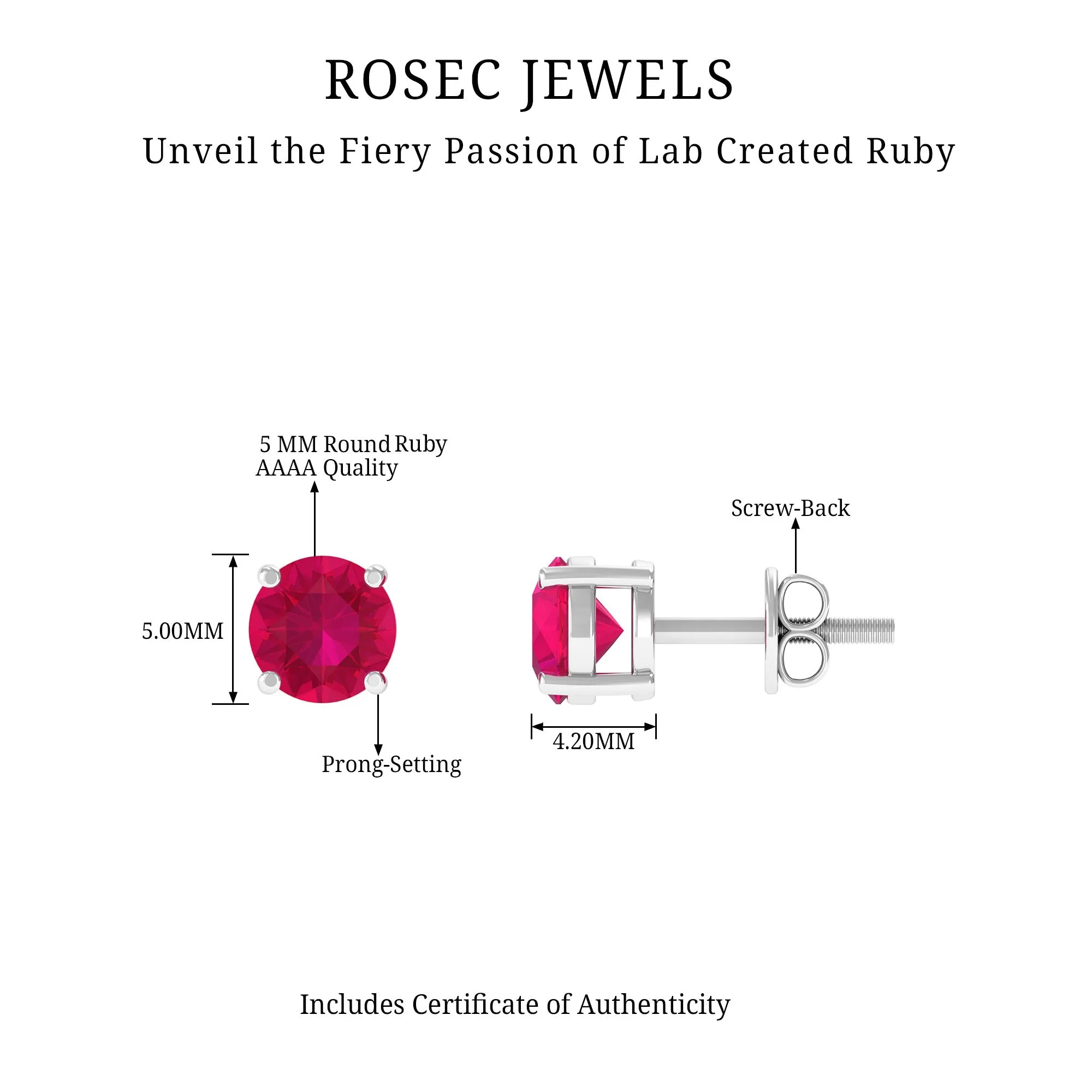 Round Shape Lab Grown Ruby Solitaire Stud Earrings