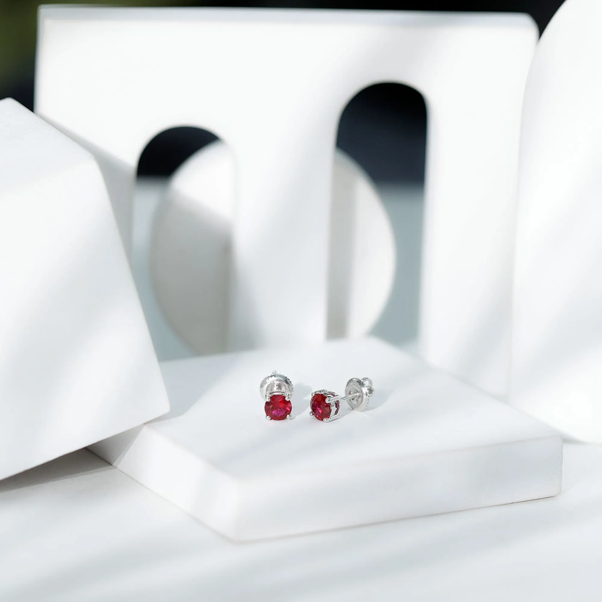 Round Shape Lab Grown Ruby Solitaire Stud Earrings