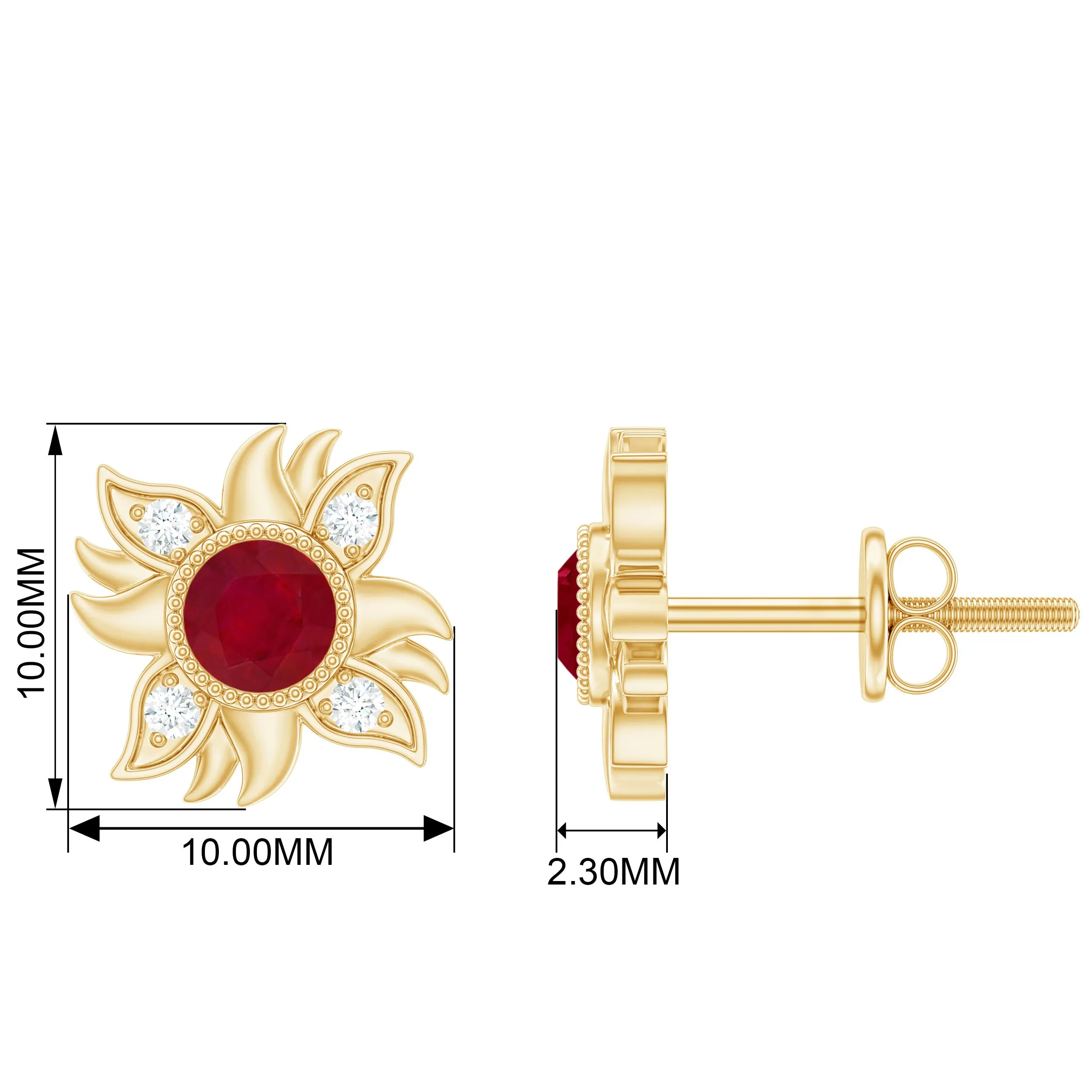 Round Shape Ruby and Diamond Sunburst Stud Earrings