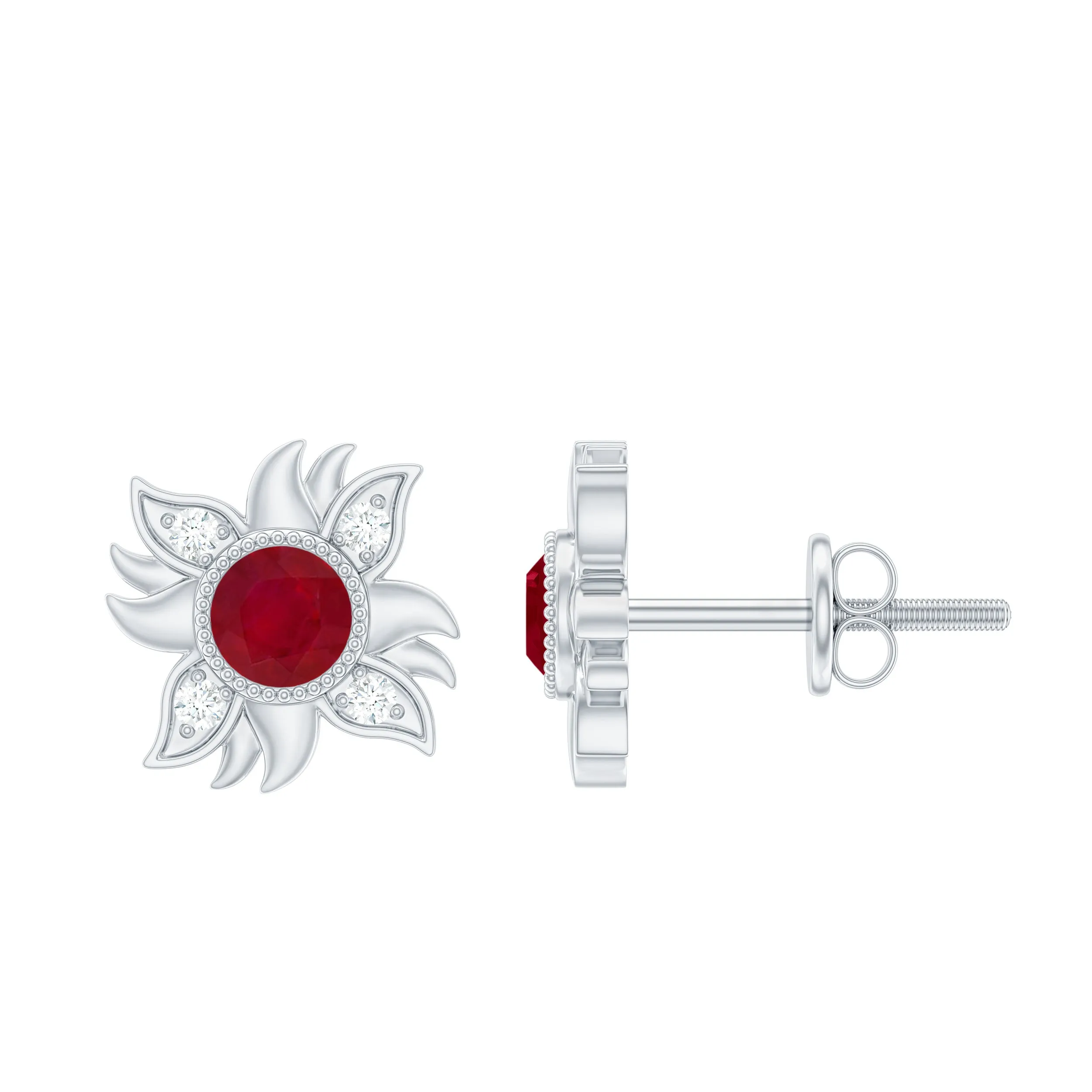 Round Shape Ruby and Diamond Sunburst Stud Earrings