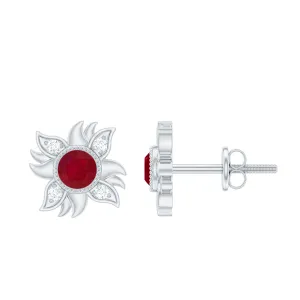 Round Shape Ruby and Diamond Sunburst Stud Earrings