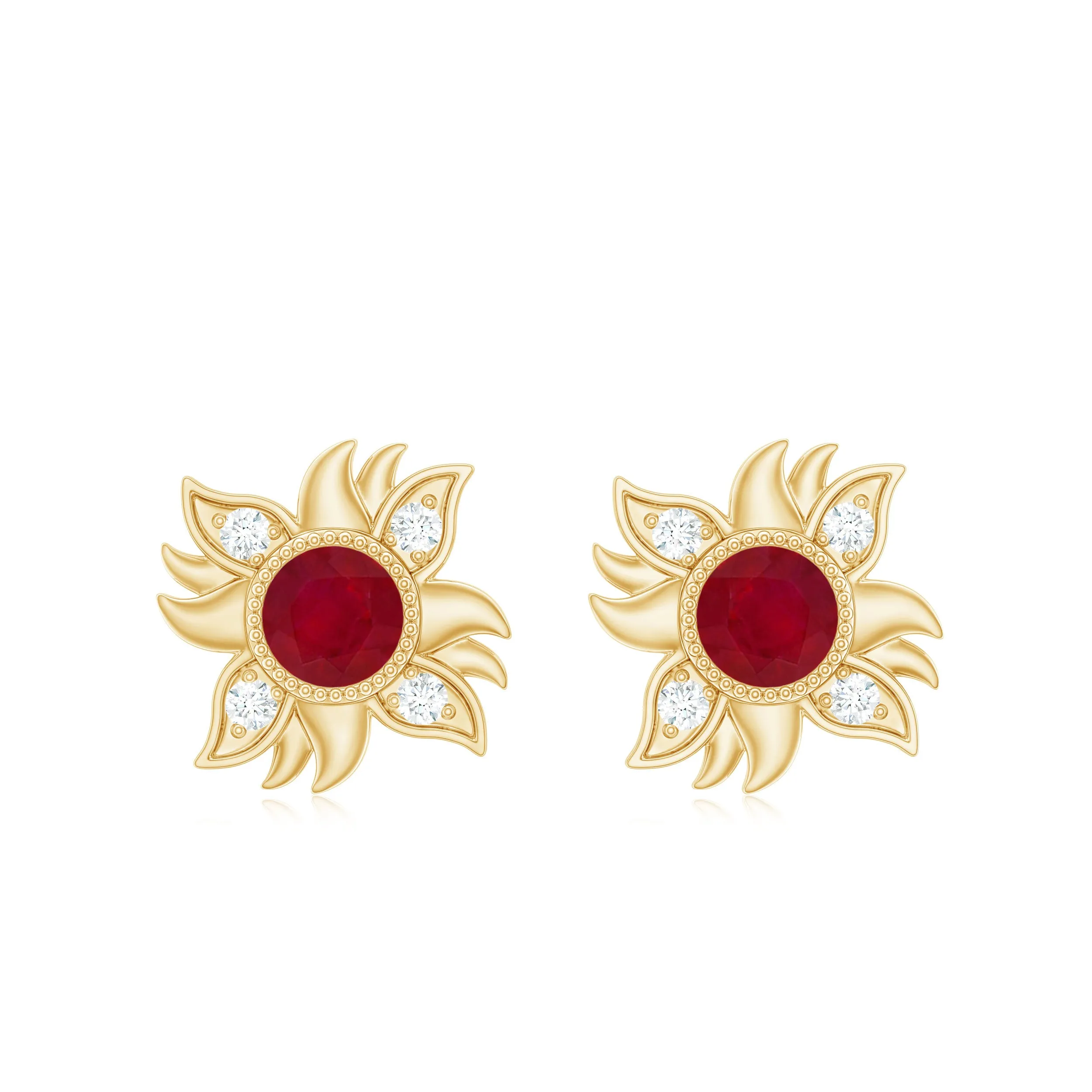 Round Shape Ruby and Diamond Sunburst Stud Earrings