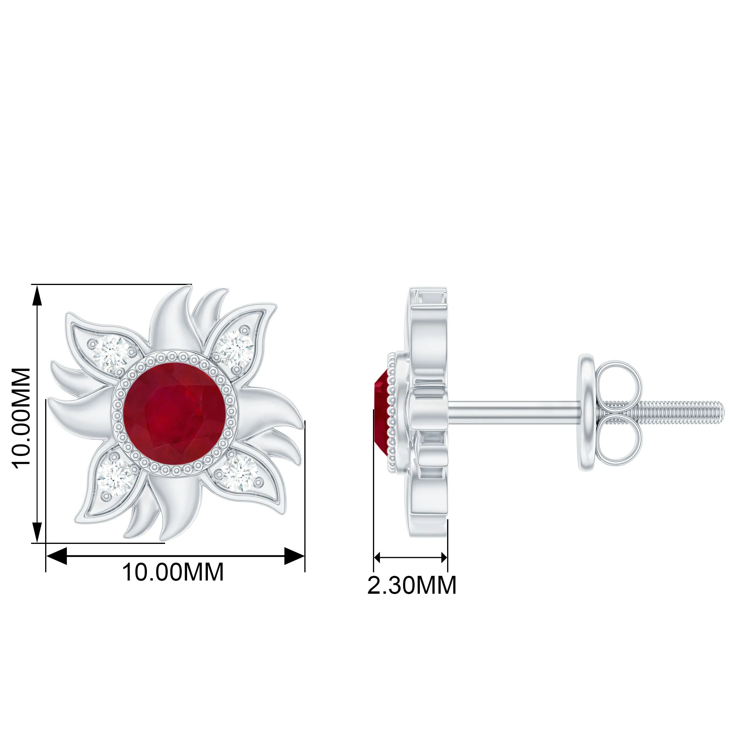 Round Shape Ruby and Diamond Sunburst Stud Earrings