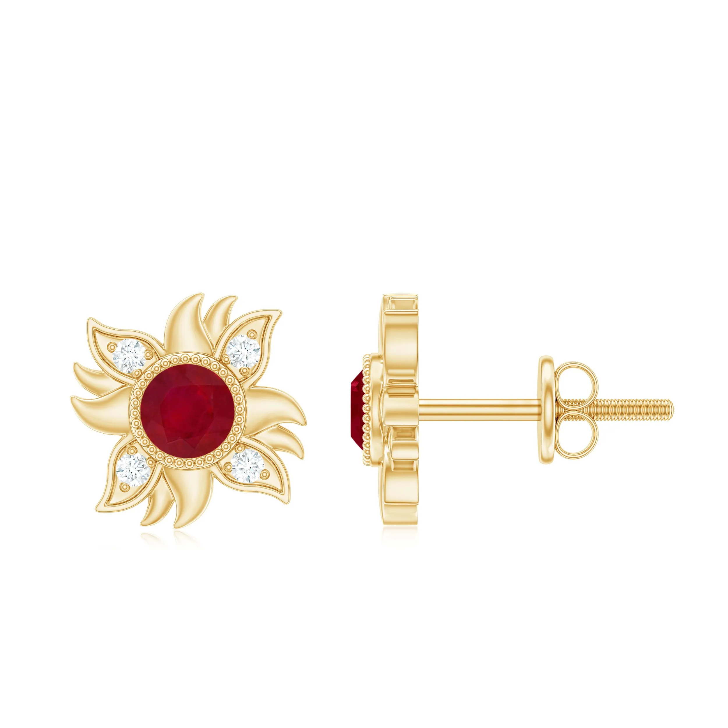 Round Shape Ruby and Diamond Sunburst Stud Earrings