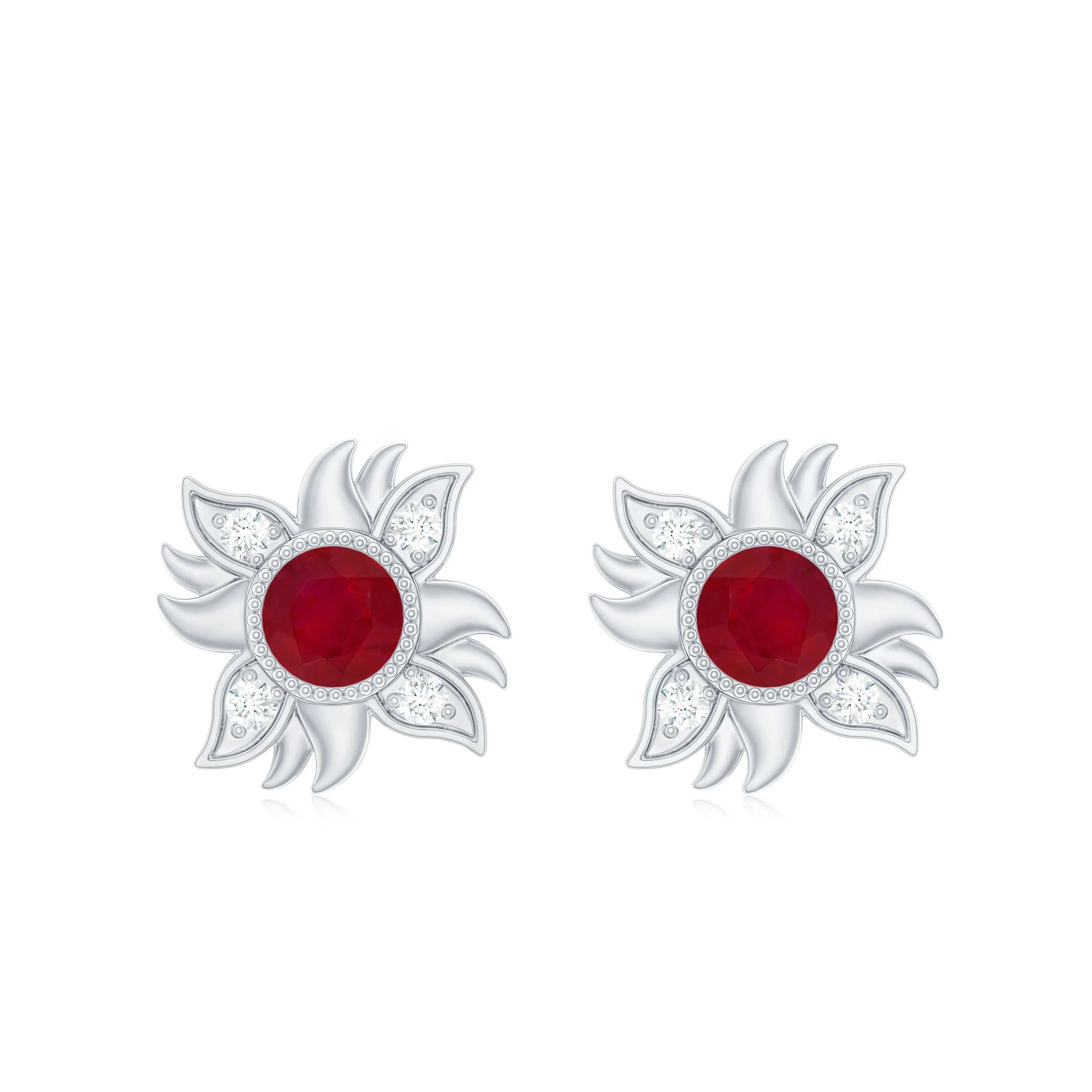 Round Shape Ruby and Diamond Sunburst Stud Earrings