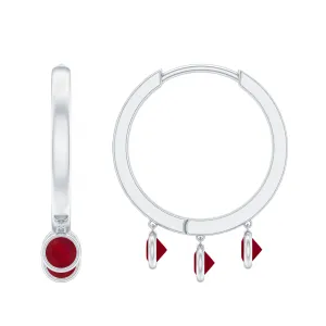 Ruby 3 Stone Hoop Drop Earrings in Bezel Setting