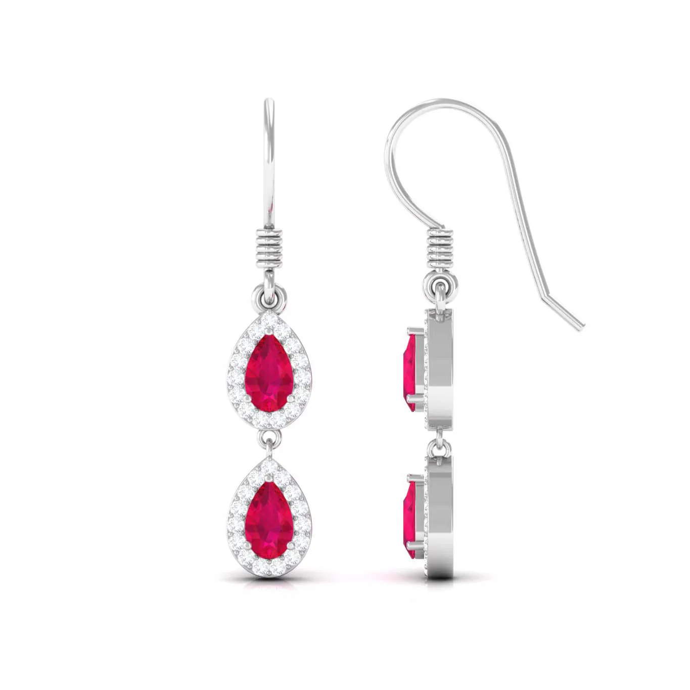 Ruby and Diamond Dangle Earrings with Fish Hook
