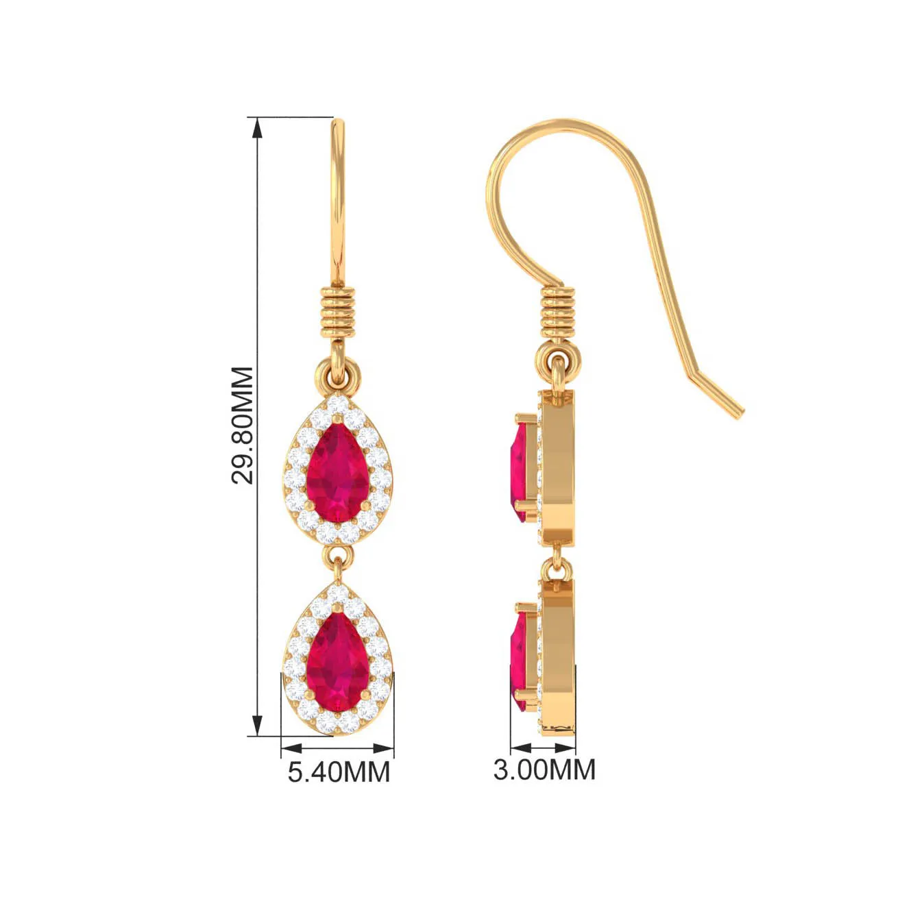 Ruby and Diamond Dangle Earrings with Fish Hook
