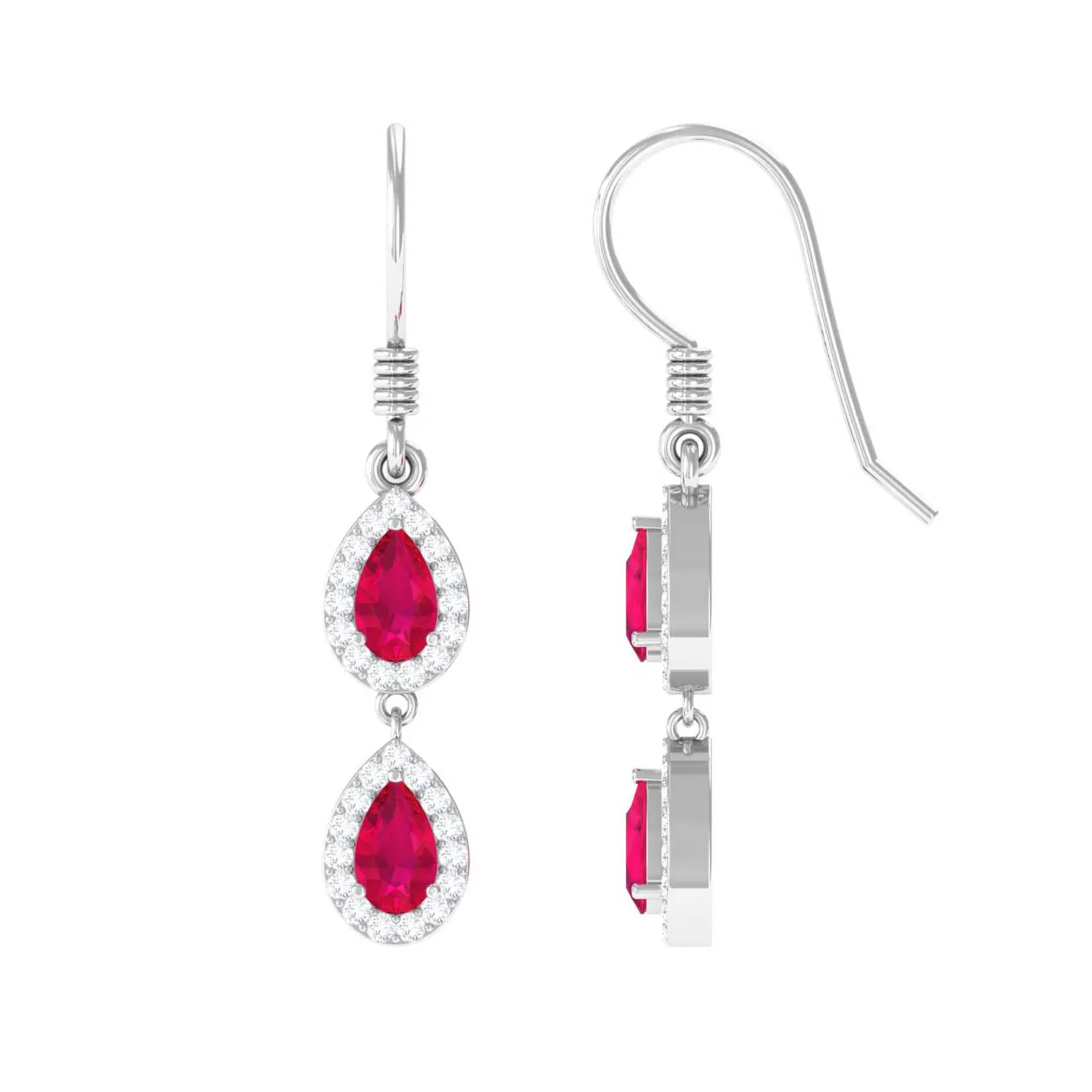 Ruby and Diamond Dangle Earrings with Fish Hook
