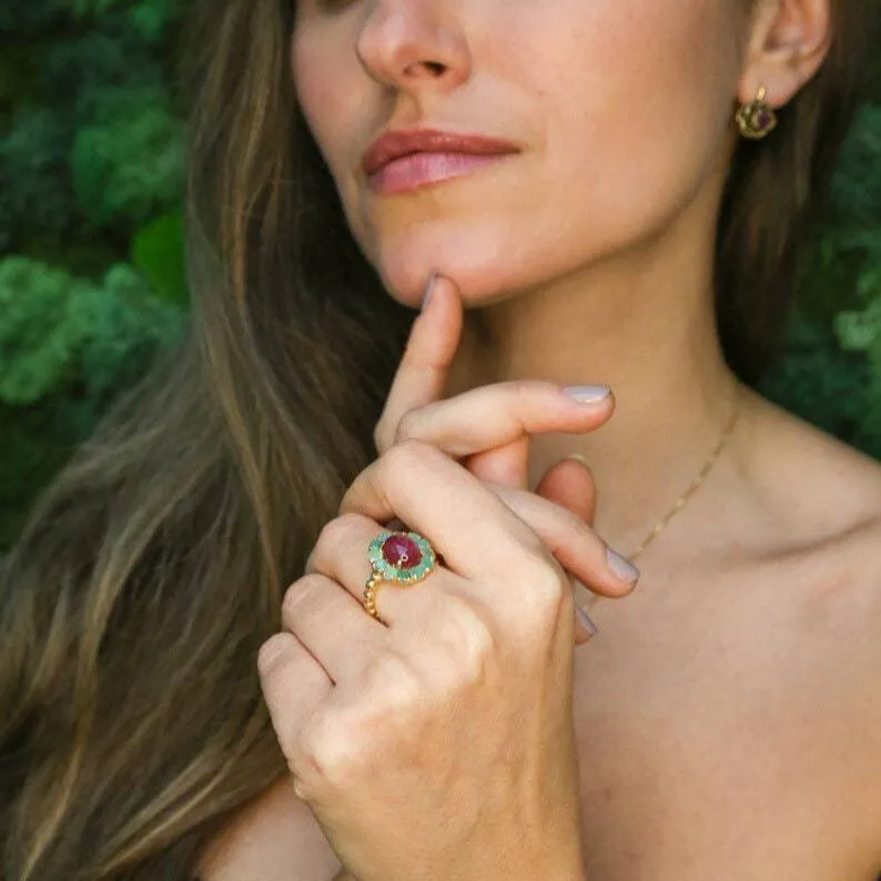 Ruby Gold Ring - Victorian Ring, Genuine Ruby Ring, Gold Bubble Band