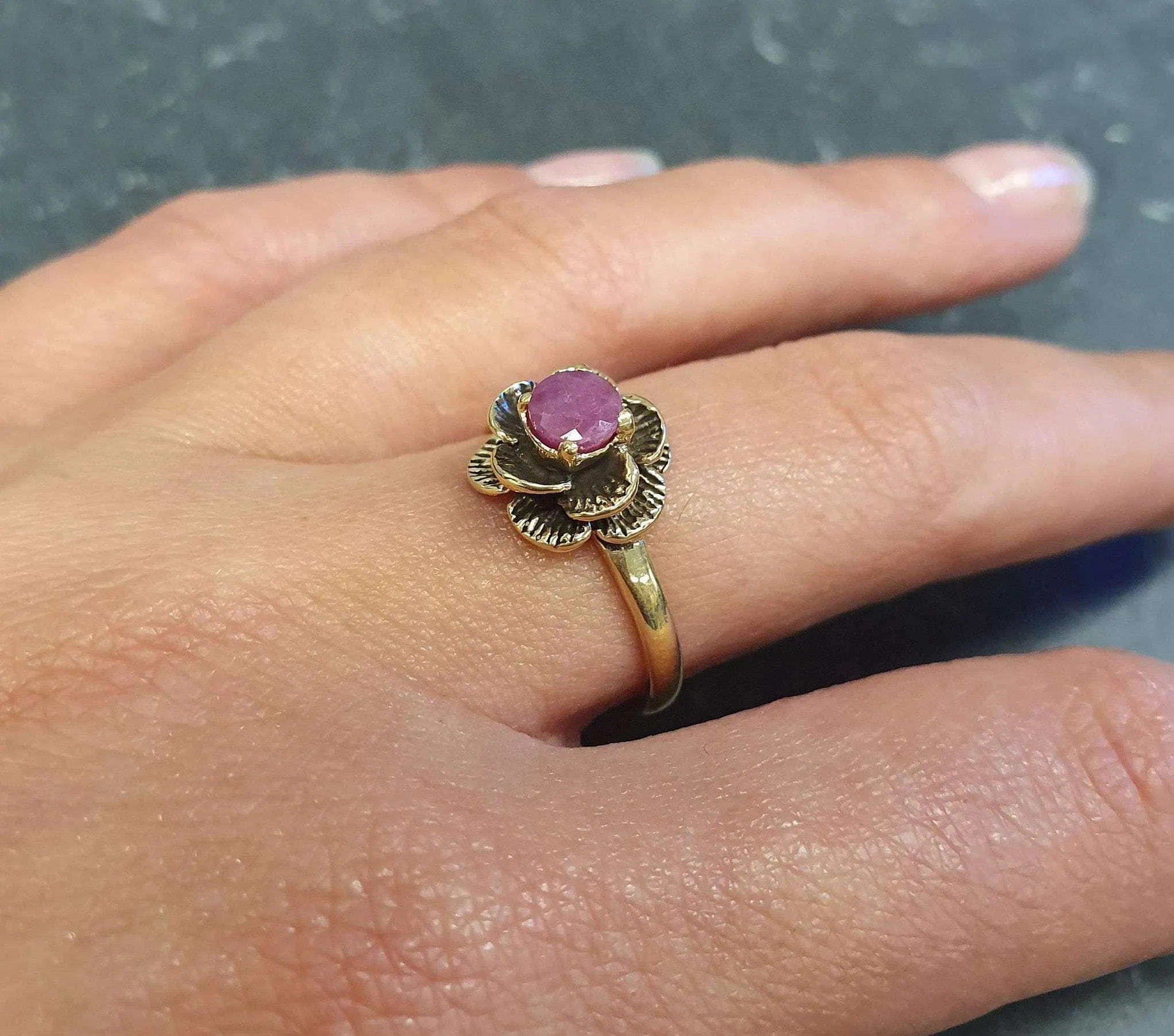 Ruby Gold Ring - Vintage Rose Ring - Flower Ruby Ring