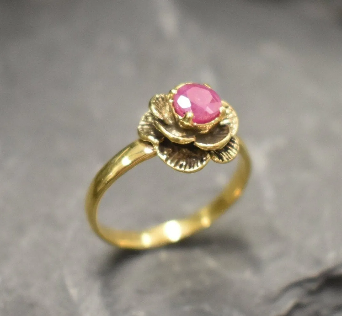 Ruby Gold Ring - Vintage Rose Ring - Flower Ruby Ring