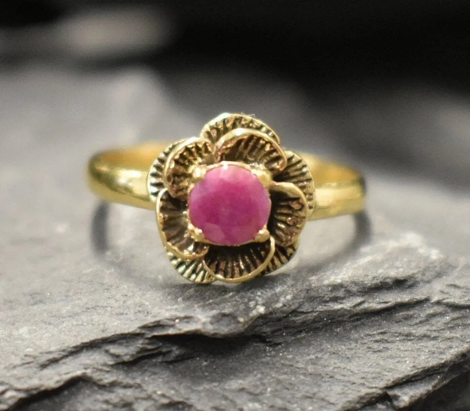 Ruby Gold Ring - Vintage Rose Ring - Flower Ruby Ring