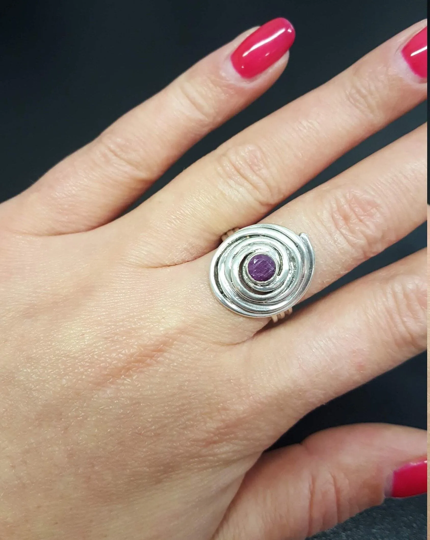 Ruby Spiral Ring - Swirl Silver Ring - Ruby Bezel Ring