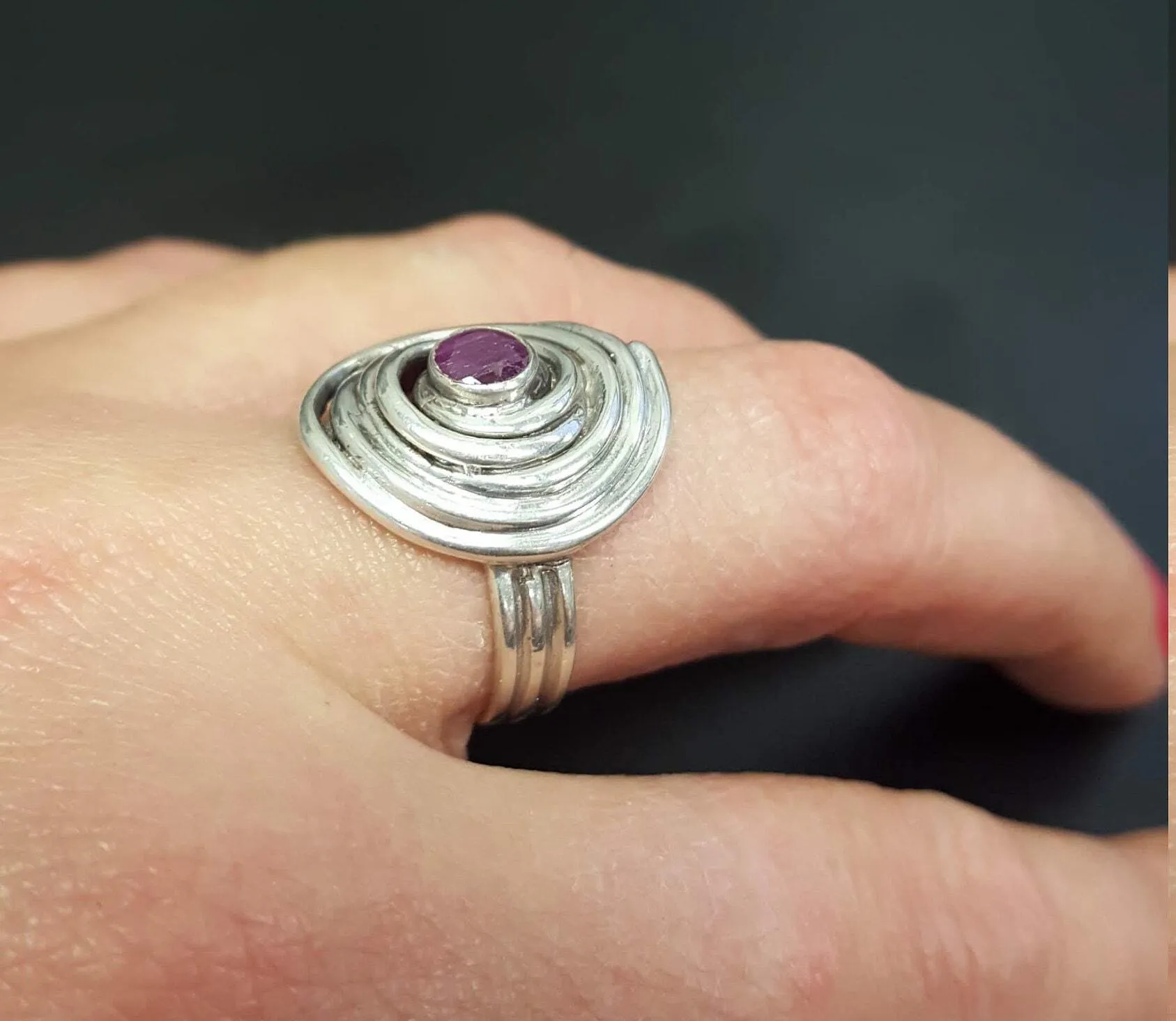 Ruby Spiral Ring - Swirl Silver Ring - Ruby Bezel Ring